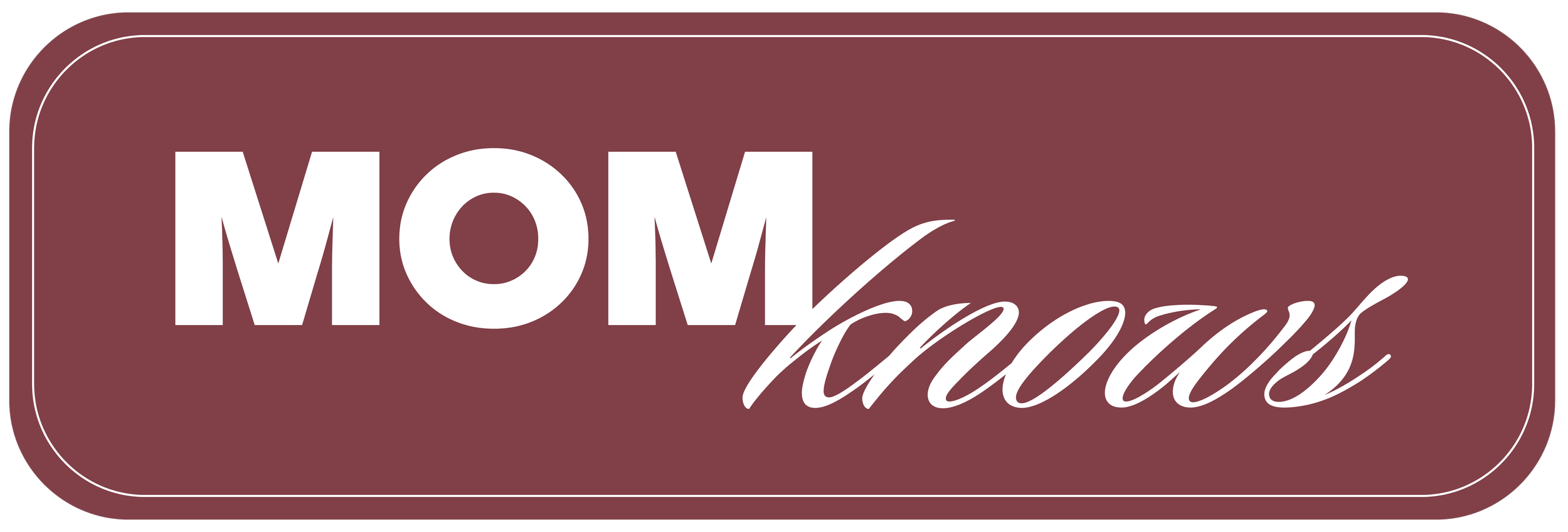 Brown rectangular sign with rounded corners, displaying the text 'MOM' in large white uppercase letters and below it 'treasures' in smaller, elegant white cursive font.