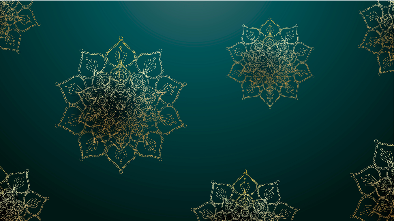 Decorative gold snowflakes on a dark green gradient background.