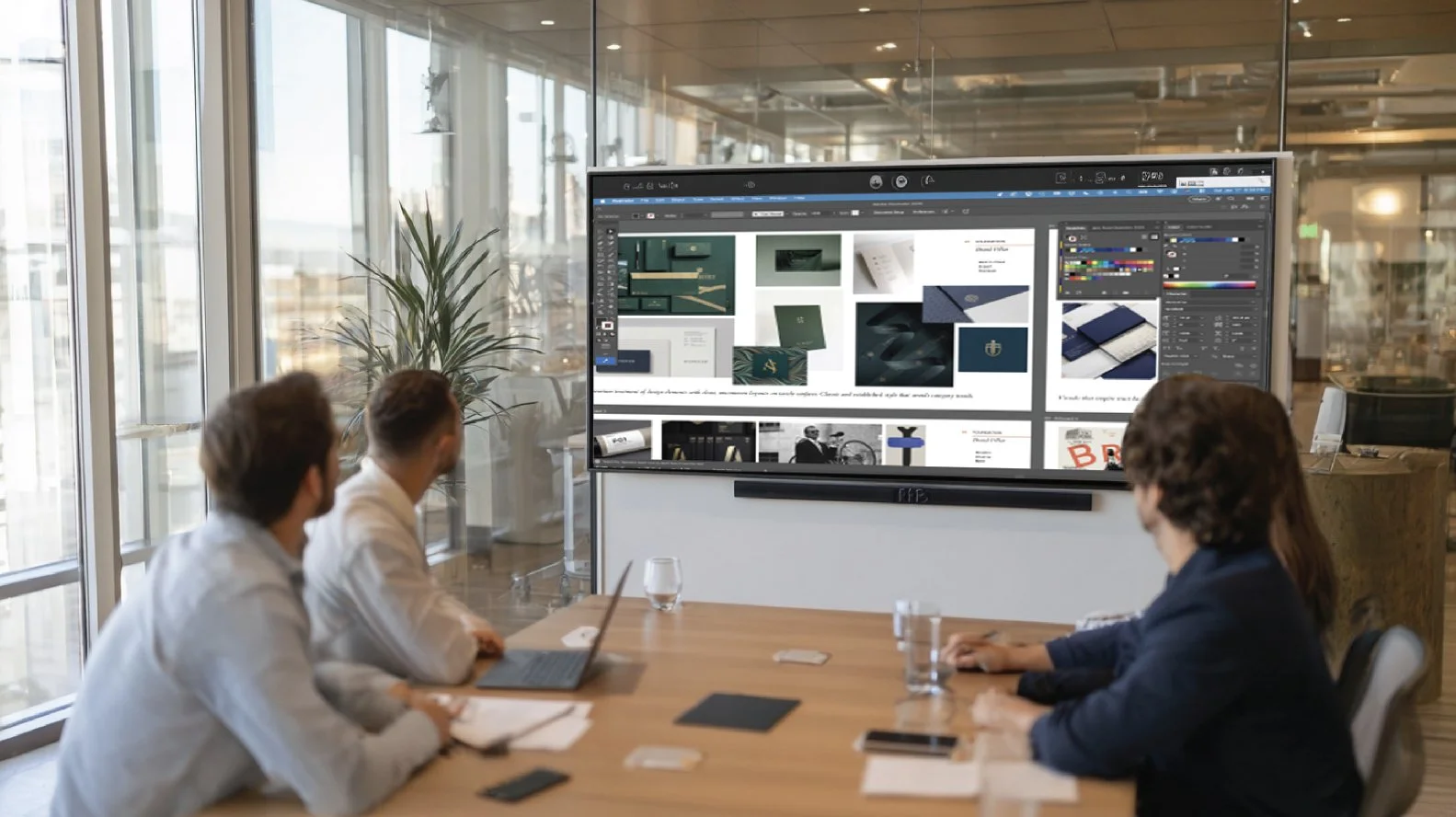 Three people sitting at a conference table watching a presentation on a large digital screen in a modern office.