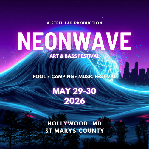 Promotion poster for the Neonwave Art & Bass Festival, happening May 29-30, 2026, in Hollywood, Maryland, featuring a neon-colored wave and city skyline.