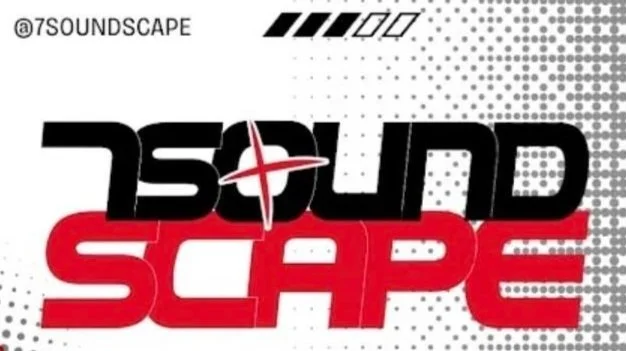 Logo with the words '7 Sound Scape' in stylized black and red text, with a dotted background and graphic elements.