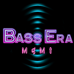 Neon-style text reads 'Bass Era Mgmt' with a dark background and blue circular wave patterns.