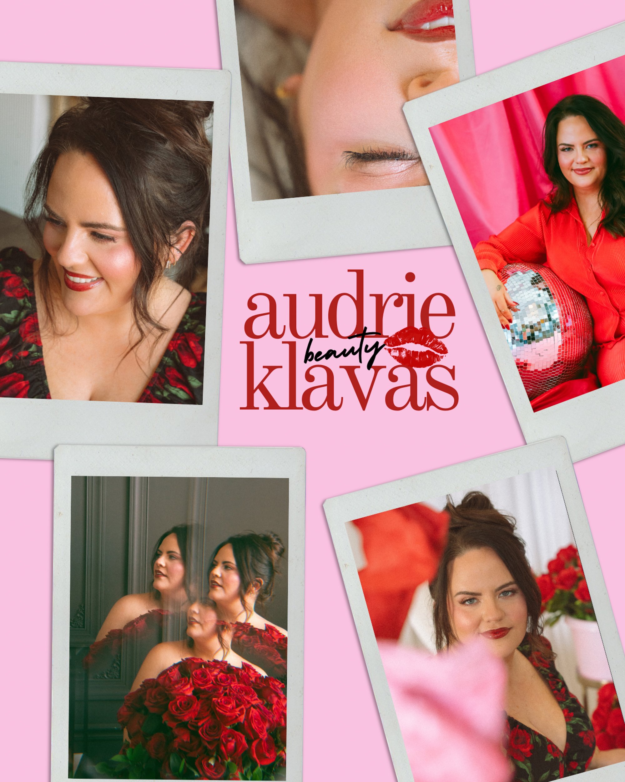 Collage of photos of Audrey Klavas, a woman with dark brown hair, wearing red and black floral outfits, smiling and posing with a bouquet of red roses, a disco ball, and pink flowers; centered text reads 'Audrie Klavas Beauty' with a red lipstick kiss mark.