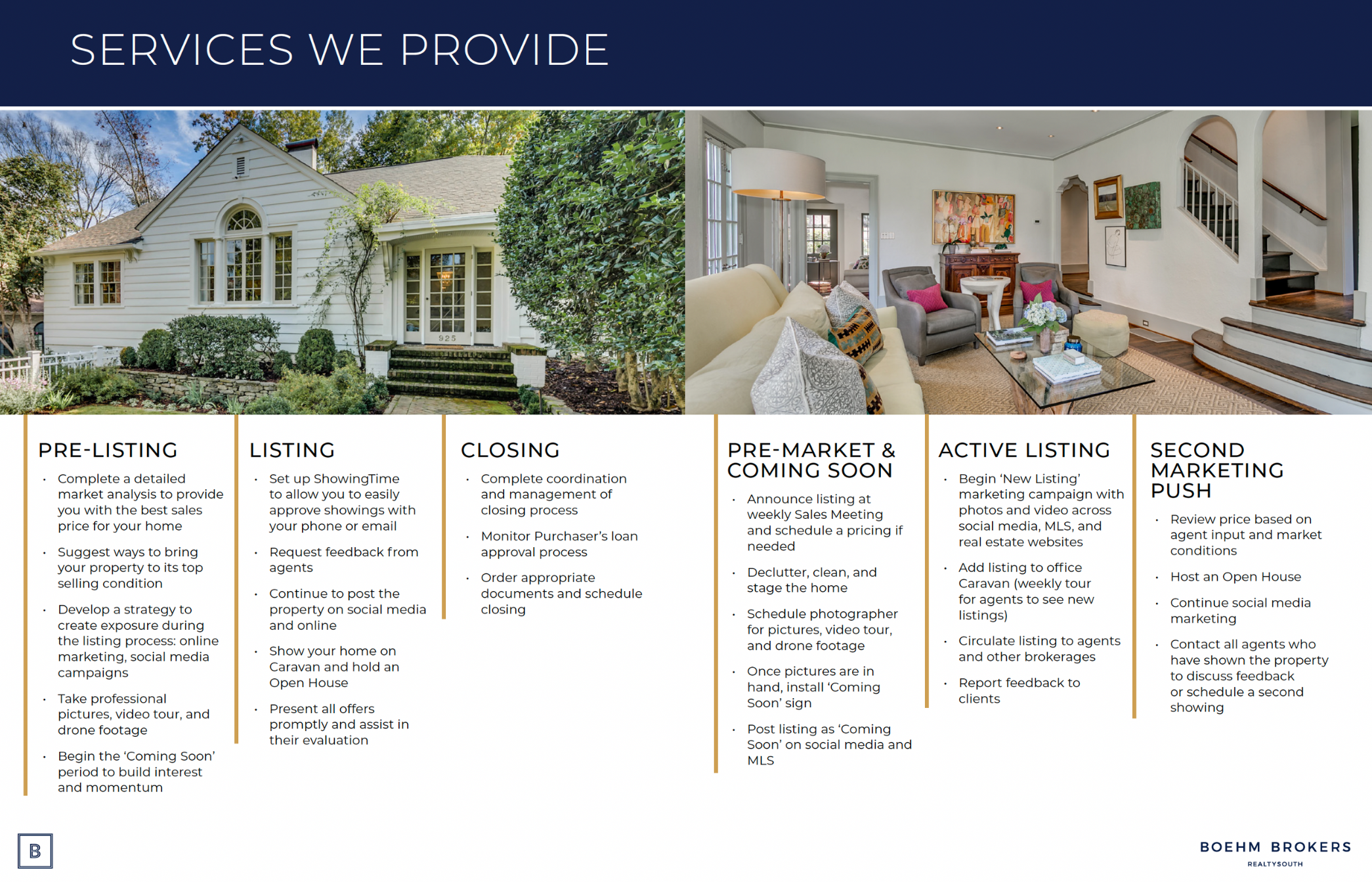A brochure displaying real estate services offered by Boehm Brokers, including Pre-Listing, Listing, Closing, Pre-Market & Coming Soon, Active Listing, and Second Marketing Push. The brochure features images of a house exterior and a cozy interior li