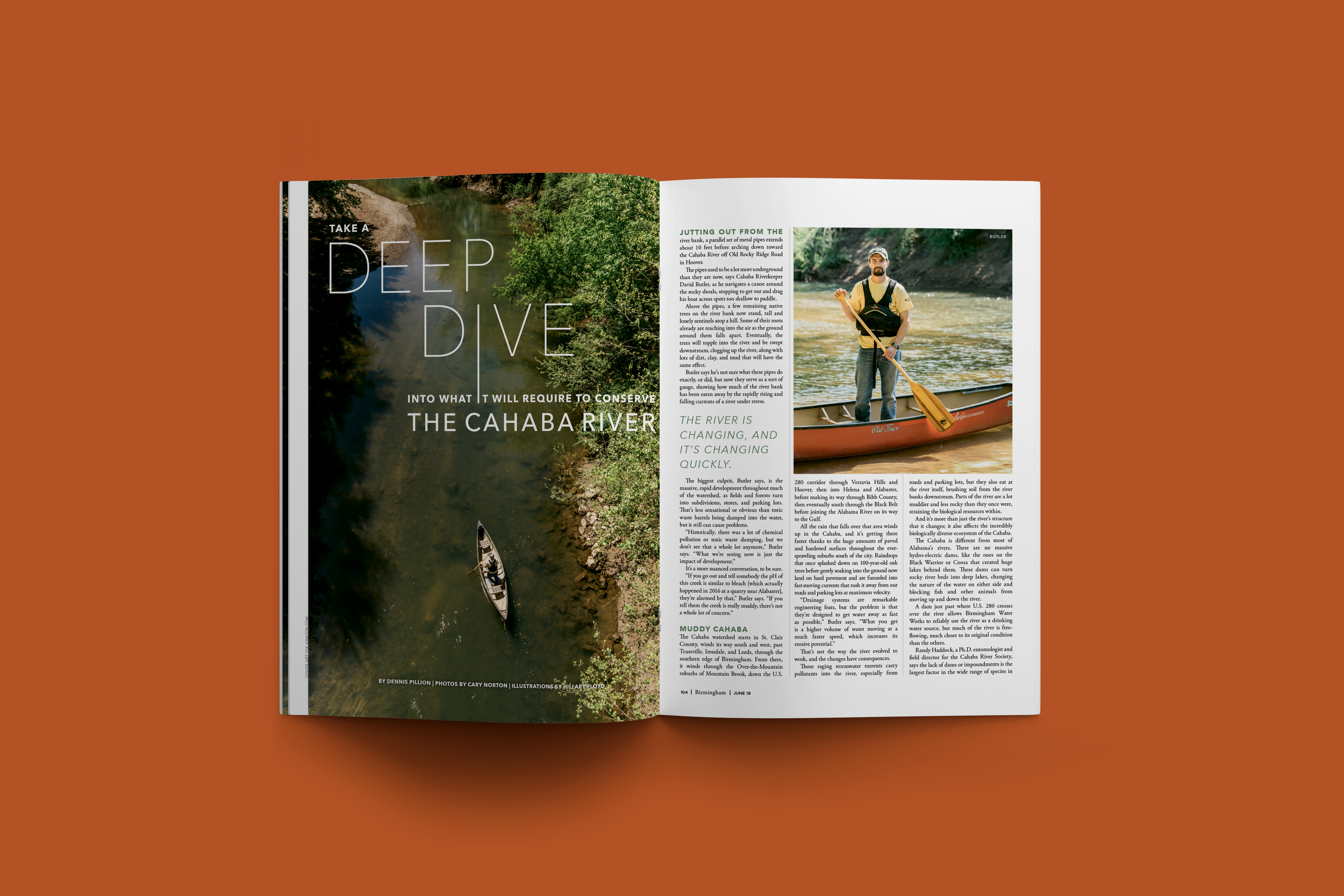 An open magazine featuring an article about the Cahaba River, with aerial view of the river and a person in a canoe on the right page.