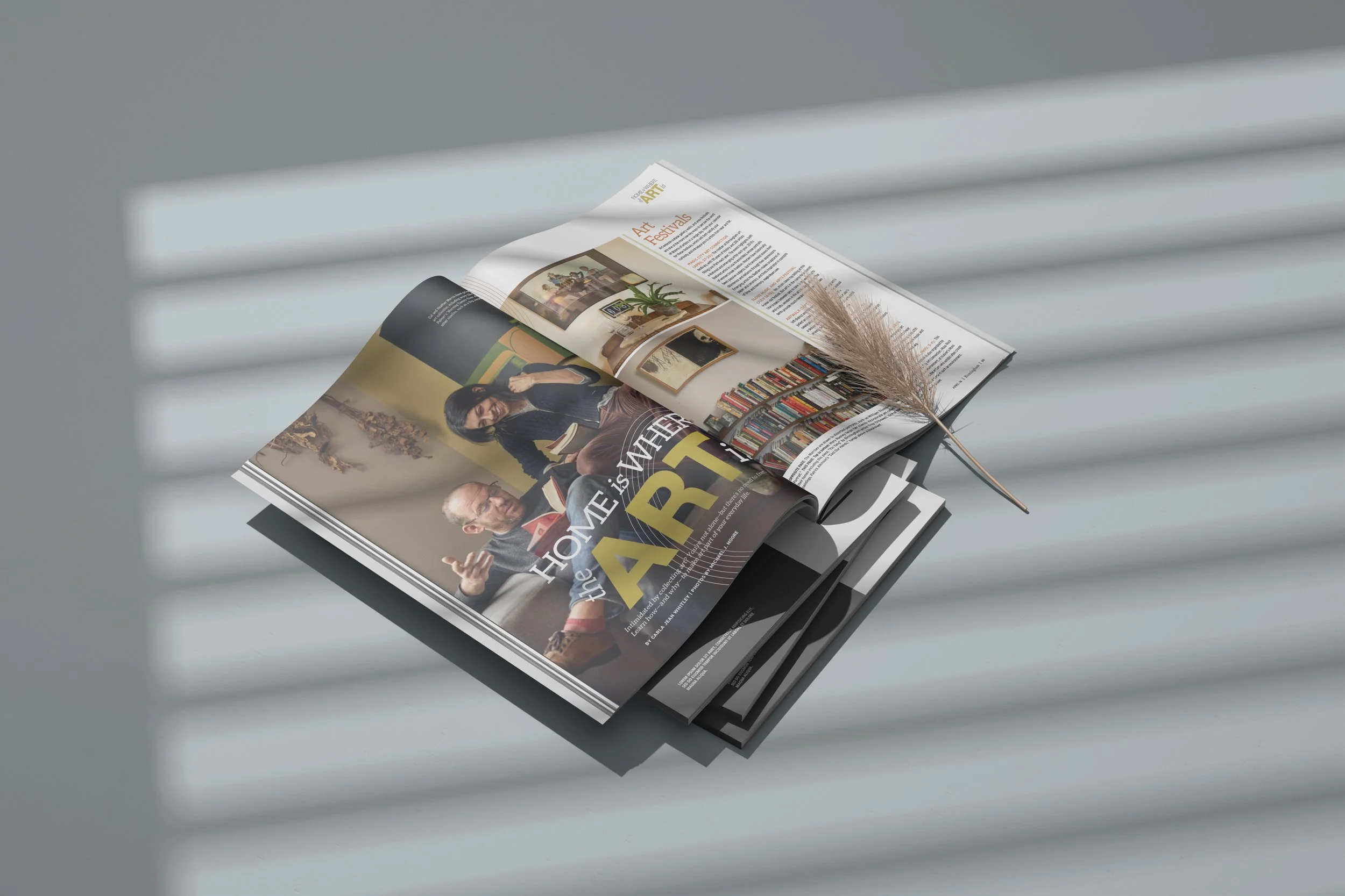 Open magazine on a gray surface, with shadow lines cast over it, and a dried grass stem resting on the pages.