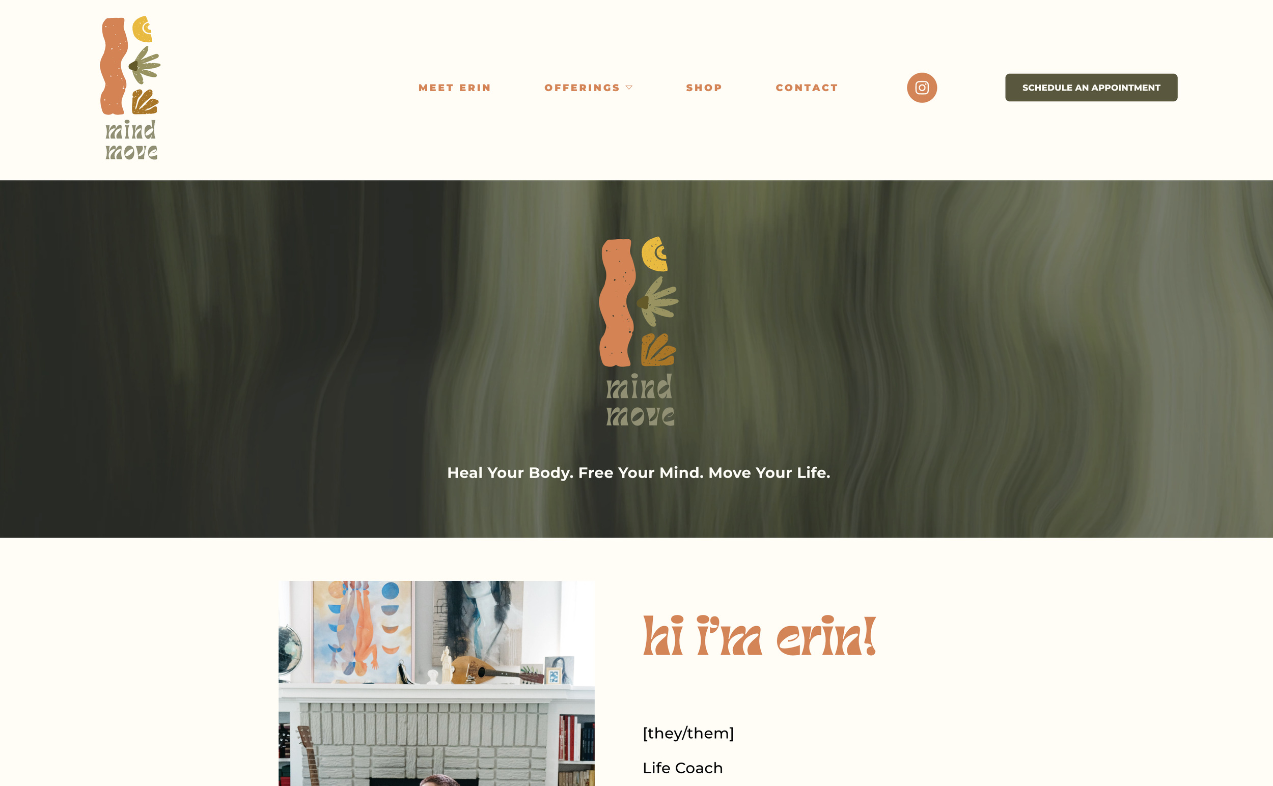 Homepage of a health and wellness website featuring the brand logo with abstract shapes and the words 'mind move', with navigation links and a 'Schedule an Appointment' button. The hero section has a blurred abstract background, the logo, and the tagline 'Heal Your Body. Free Your Mind. Move Your Life.'