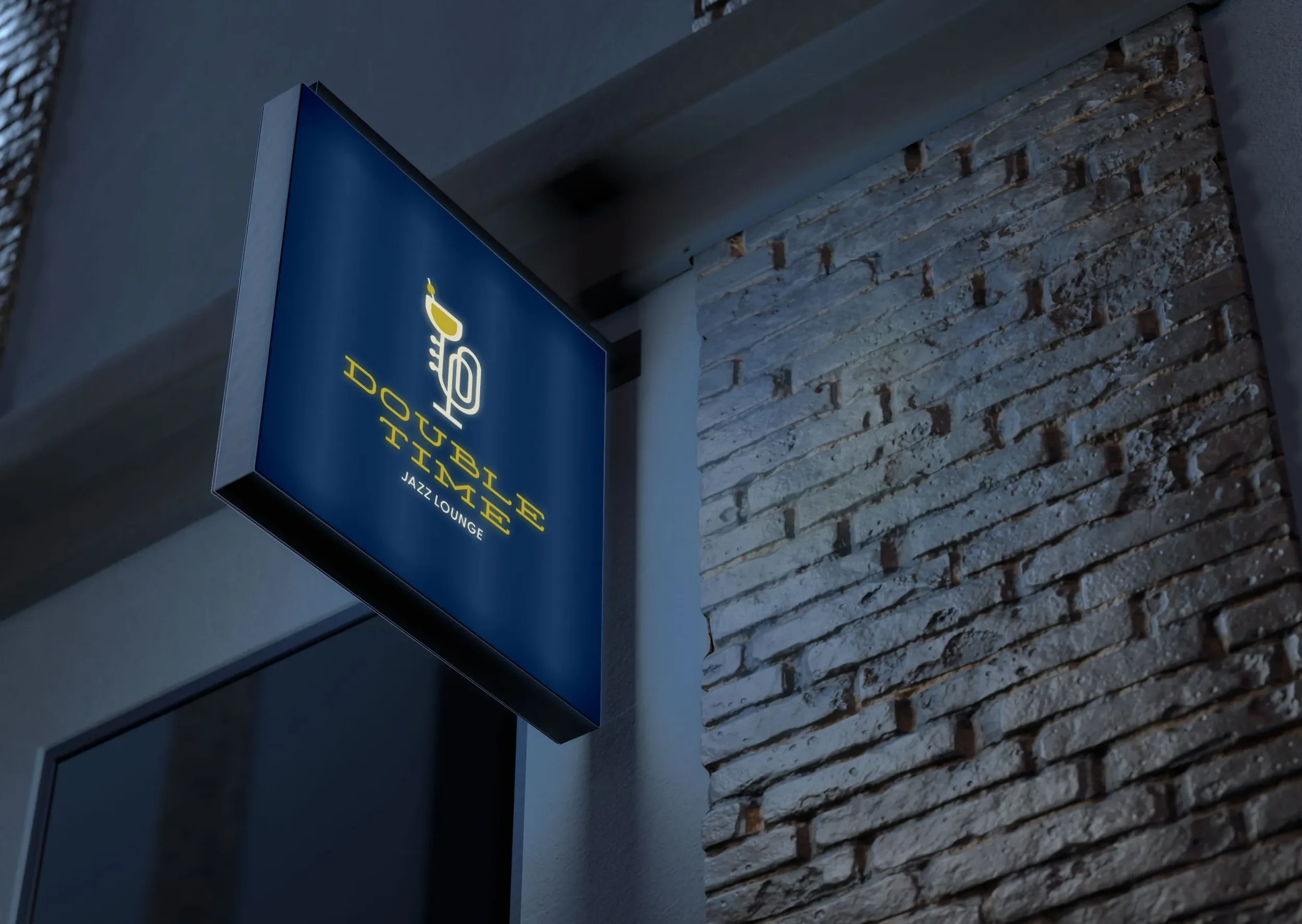 A blue illuminated signboard with a logo of a coffee cup and a fork, displaying 'Double D Cafe Jazz Lounge,' is mounted on a wall beside a textured brick wall.