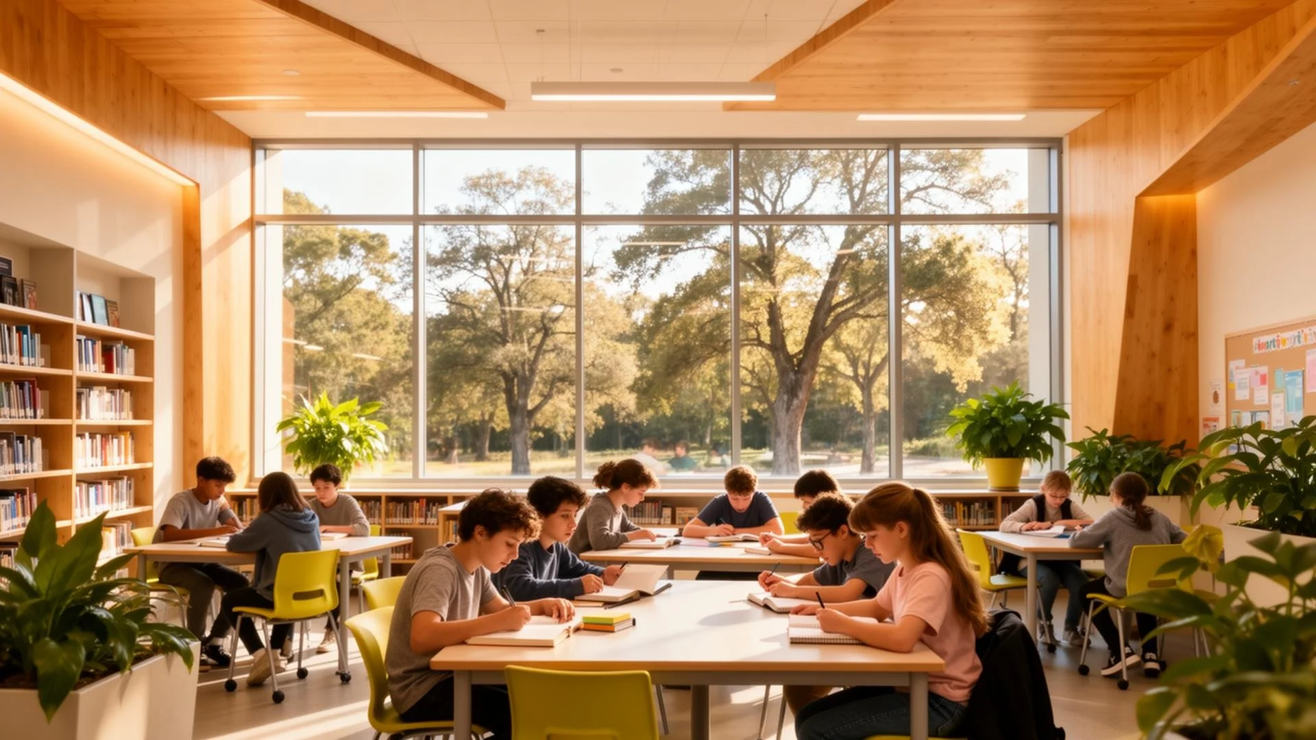 Students studying at tables in a bright library with large windows, wooden shelves, and green plants.