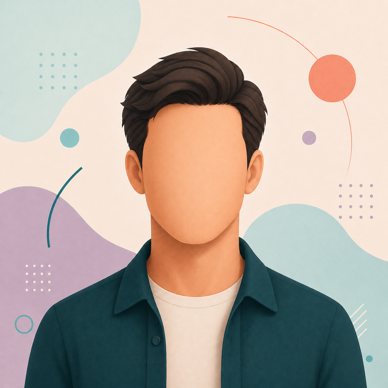 Digital illustration of a faceless young man with dark, styled hair, wearing a dark teal buttoned shirt over a white t-shirt, with a pastel geometric background.