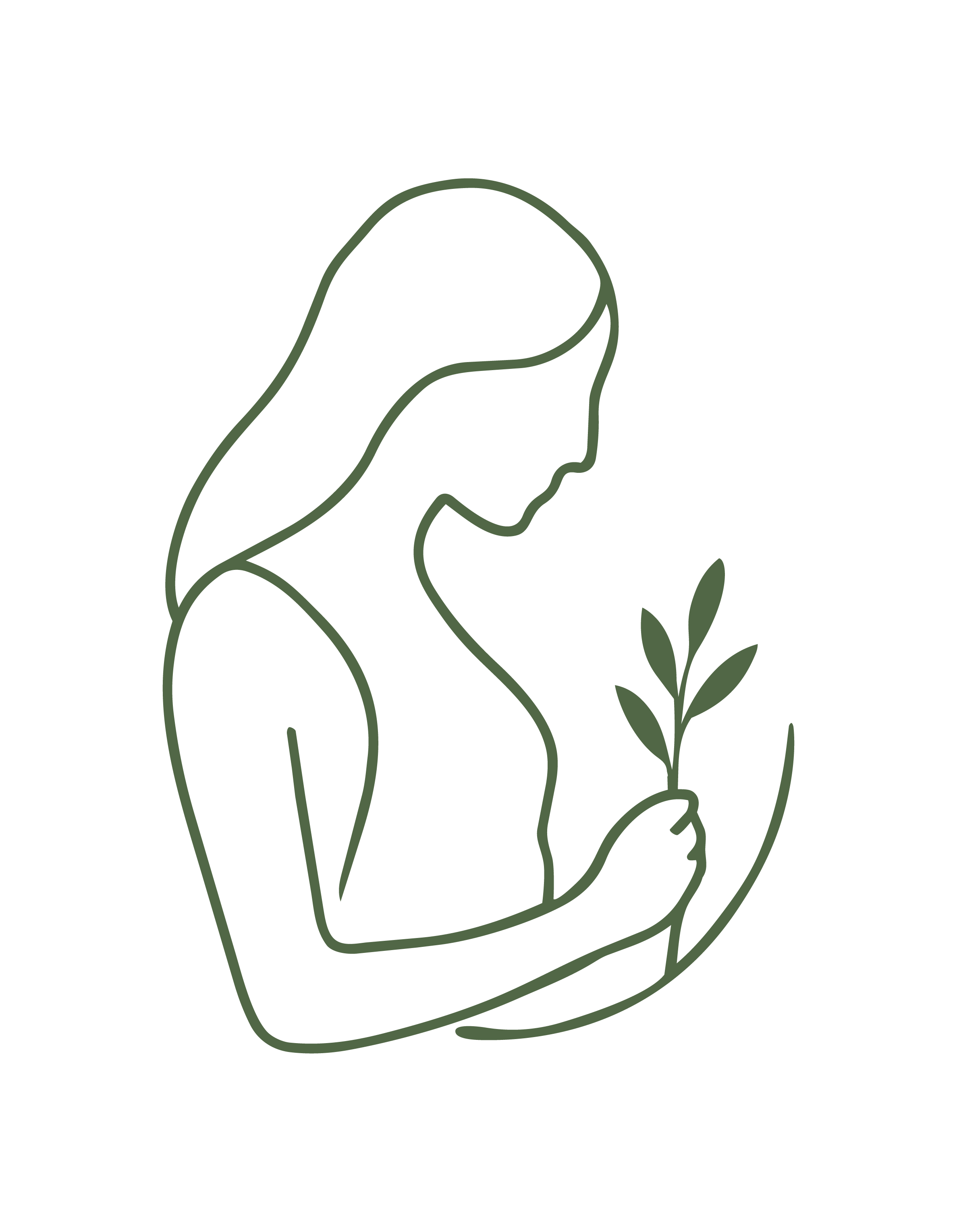 Line art of a woman holding a small branch with leaves against a black background.