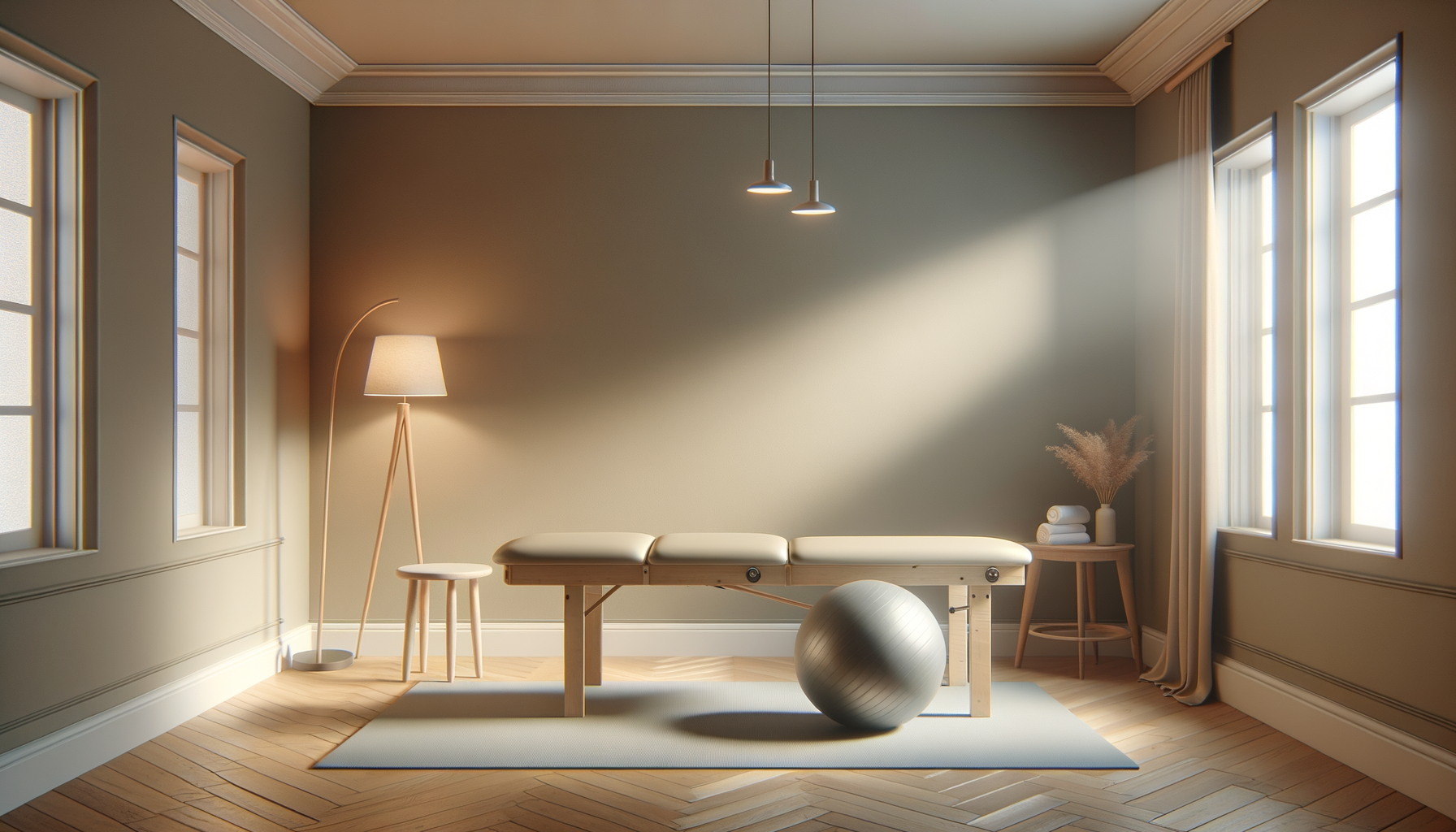 A bright, minimalist massage therapy room with three windows, a massage table, a floor lamp, a side table with rolled towels and dried flowers, and a gray exercise ball.