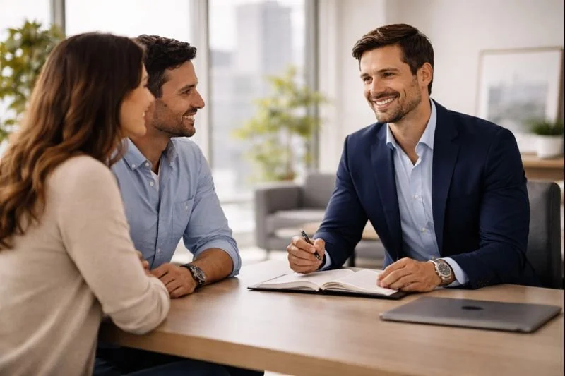 A man in a blue blazer and light blue shirt sitting at a table with a notebook and pen, talking to a woman and another man, both smiling, in a bright office space.