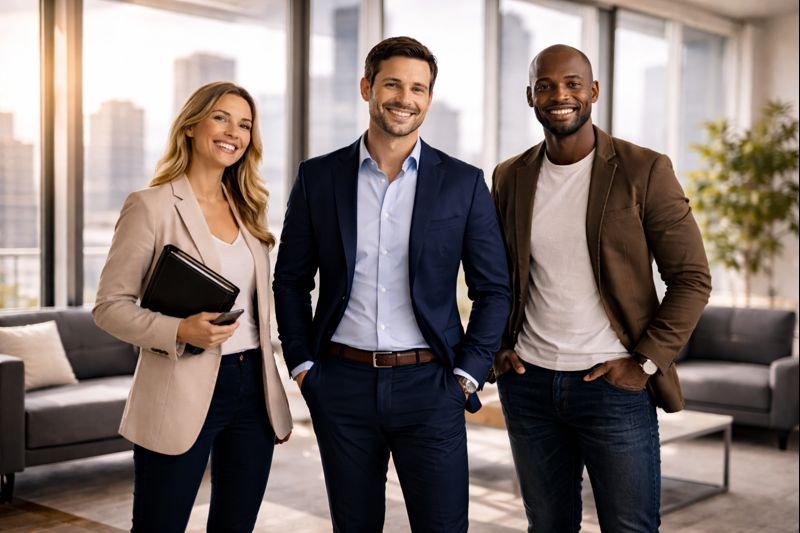 Three professionally dressed adults smiling and standing indoors in a modern office with large windows.