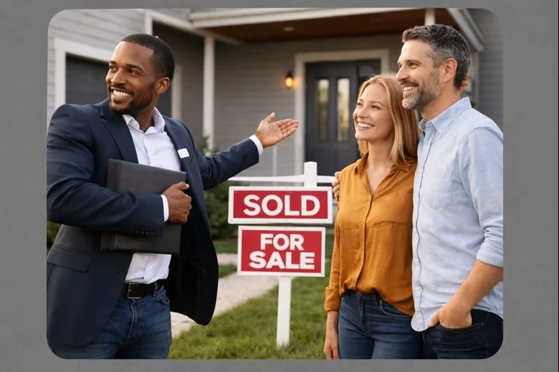 Homeowners meeting with a real estate agent to sell their home confidently