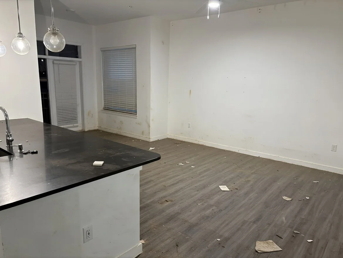 Empty room with dirt and debris on the floor, dirty white walls, a window with blinds, a door, and a kitchen counter with a sink and hanging light fixtures.