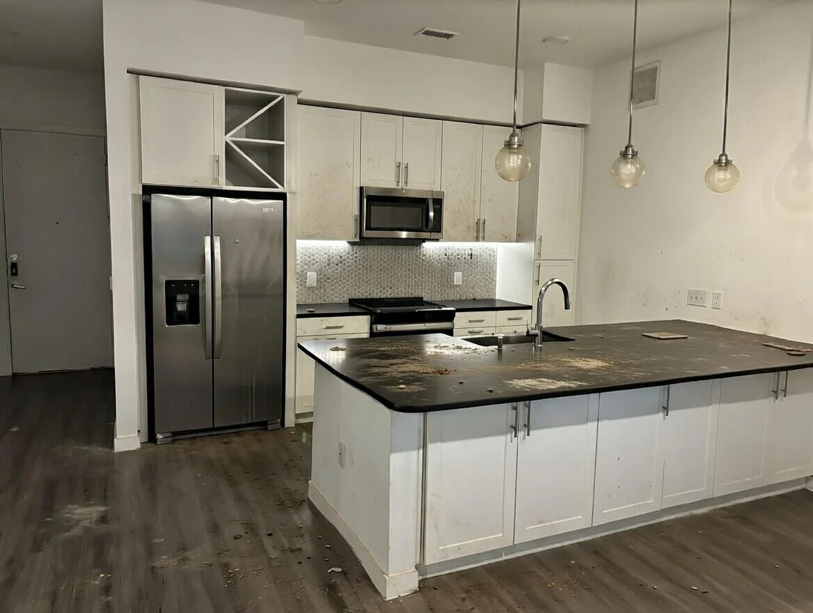 Kitchen with white cabinets, stainless steel refrigerator, black countertop, and pendant lights. The island countertop is worn and dirty.