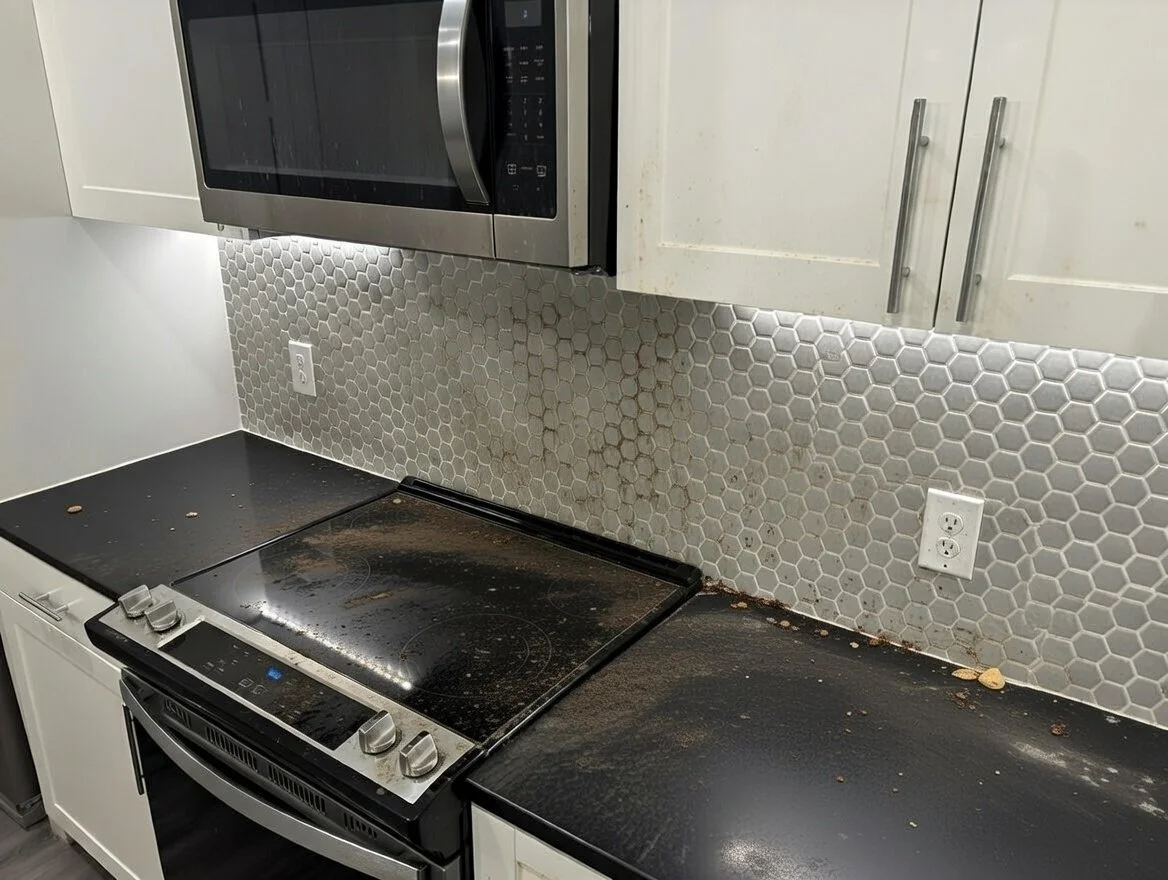 Dirty black stove and countertop with dirt and debris, white kitchen cabinets, stainless steel microwave, and hexagonal tile backsplash.