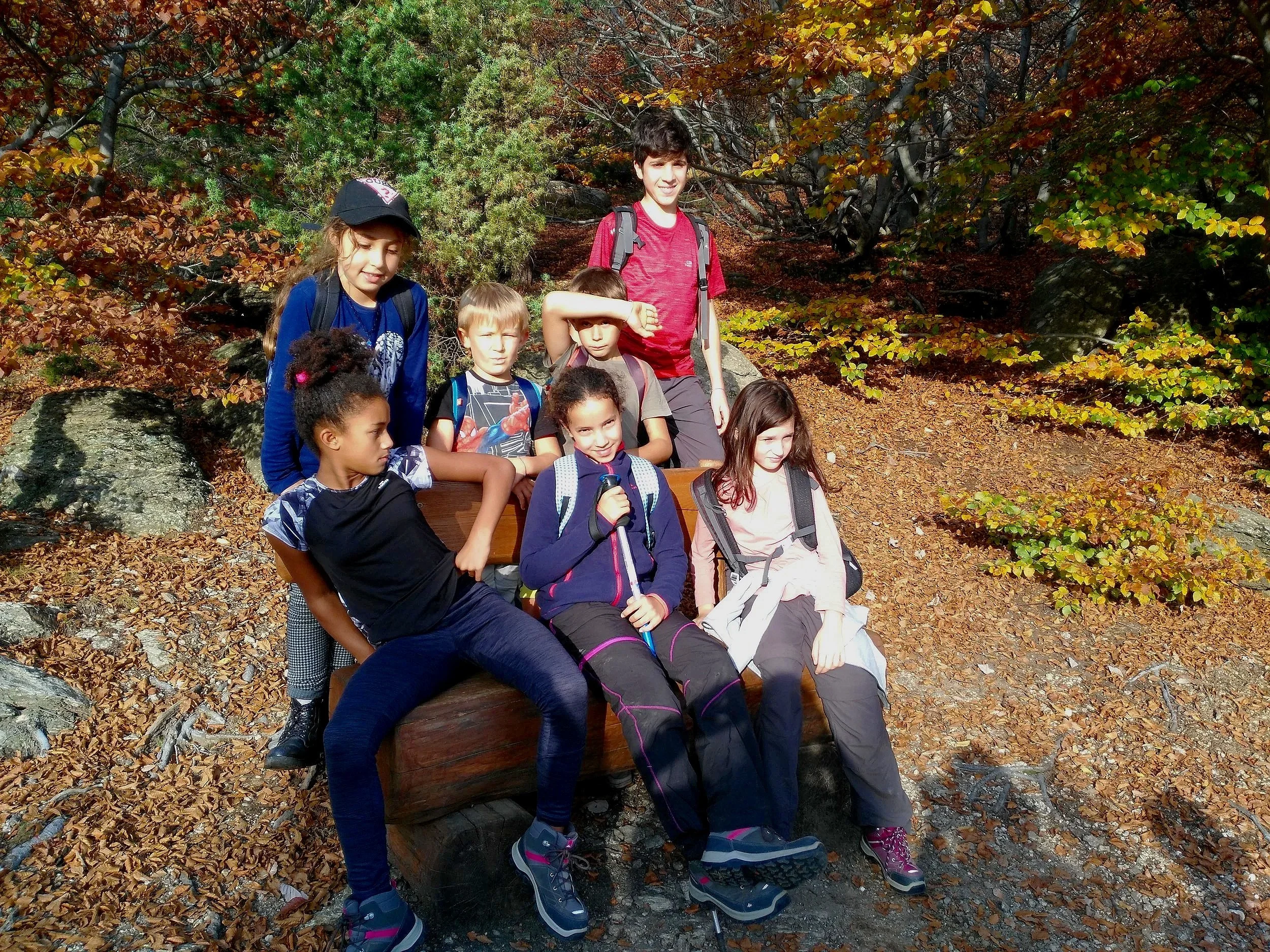 Gruppo di sette bambini seduti e in piedi su una panchina di legno in un ambiente naturale con foglie autunnali e alberi colorati sullo sfondo.