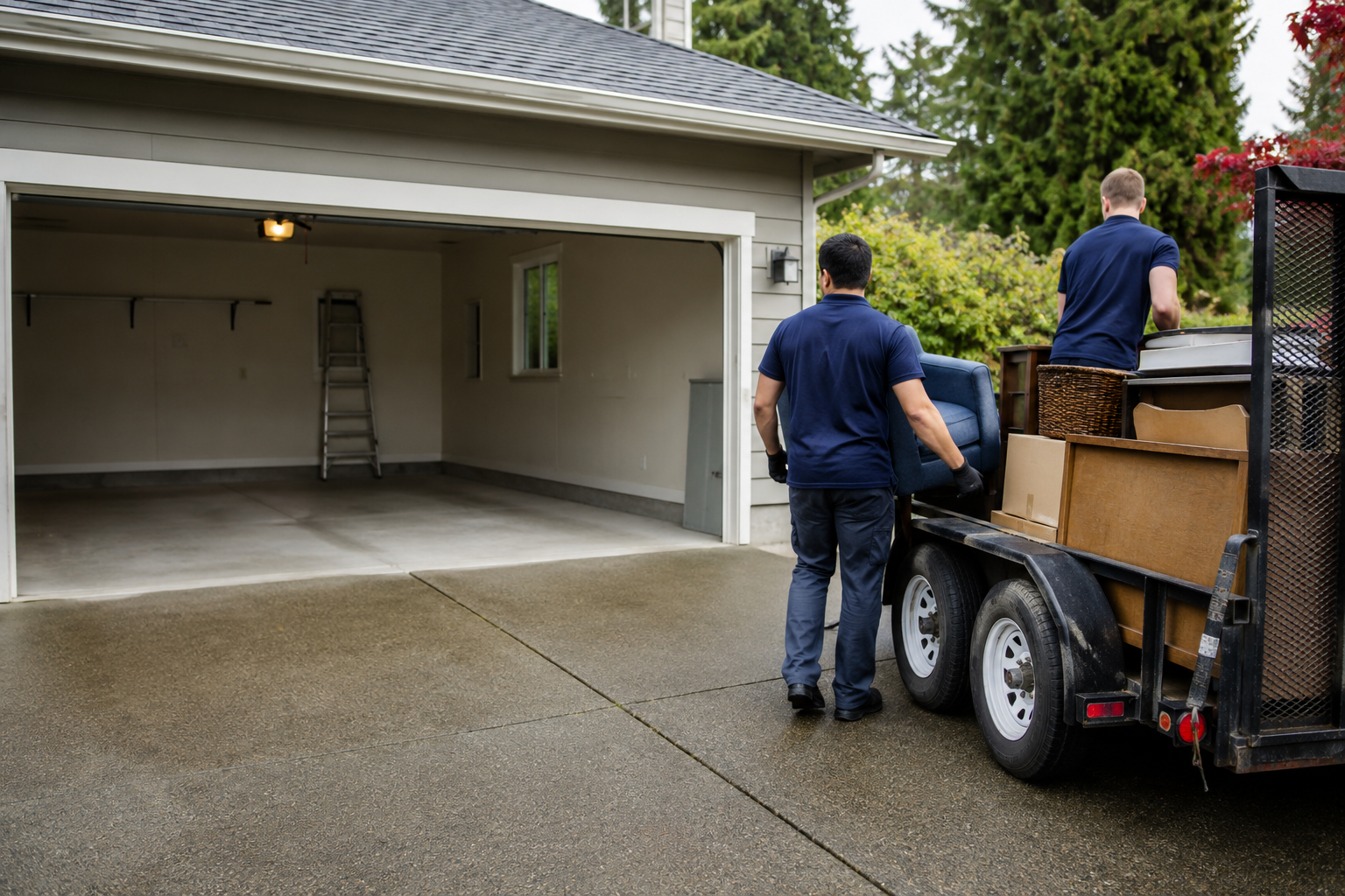 Workers loading unwanted household furniture into a utility trailer beside a cleared garage