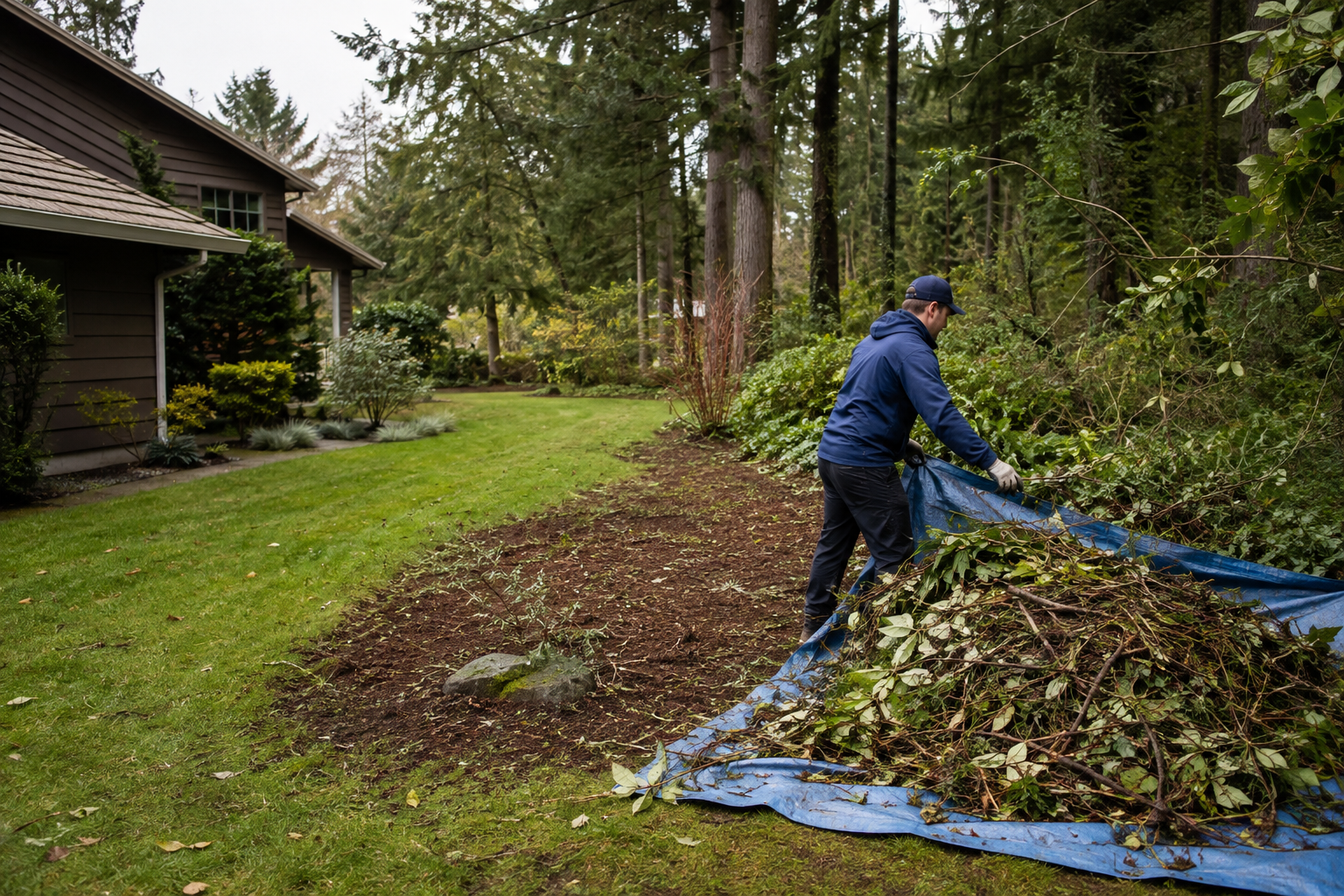 Worker gathering branches and brush during a residential yard cleanup