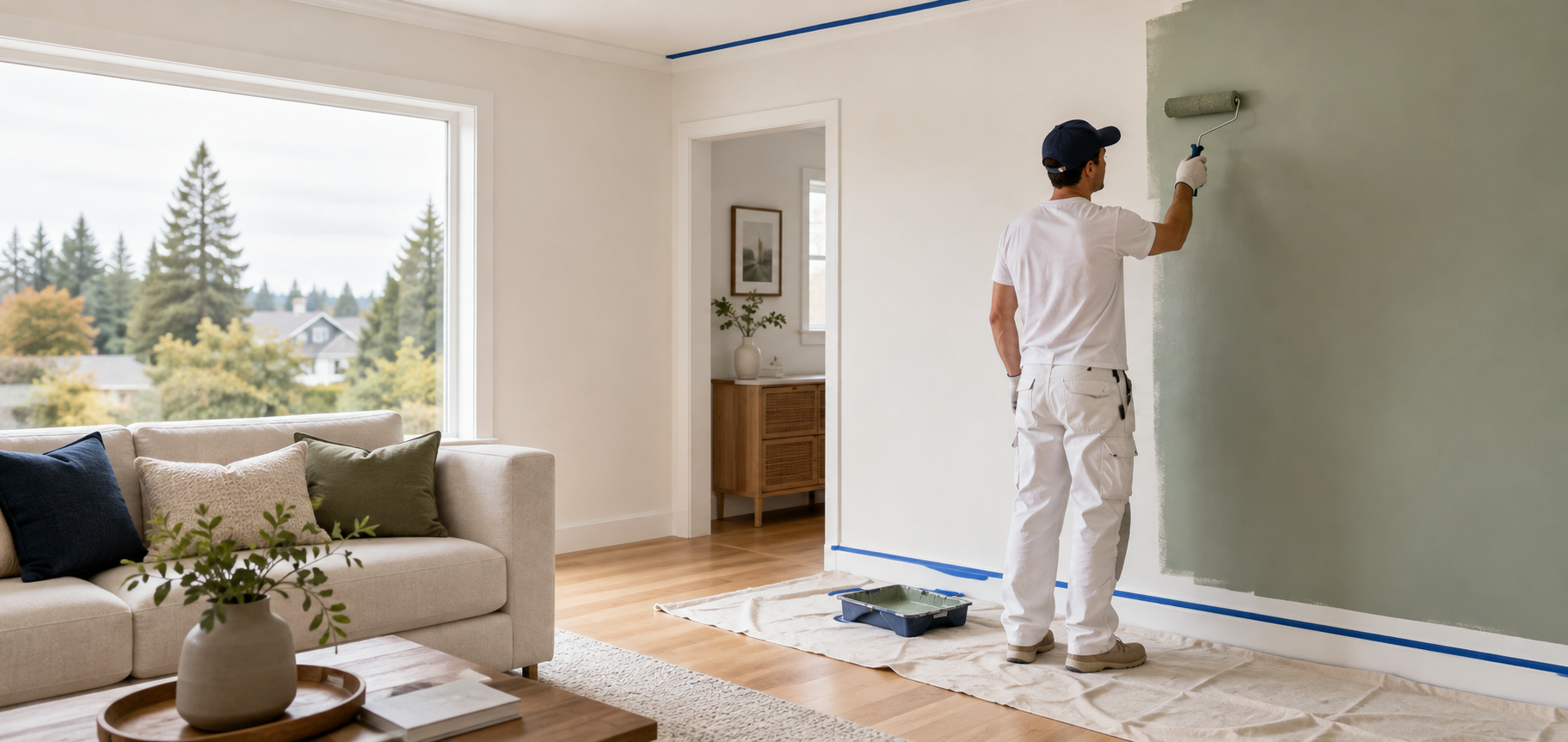Professional painter carefully applying sage paint to a residential living-room wall