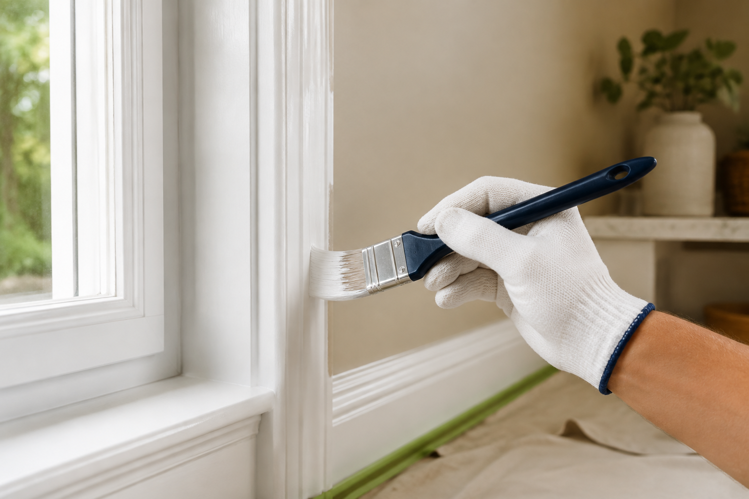 Gloved painter carefully applying white paint to residential window trim