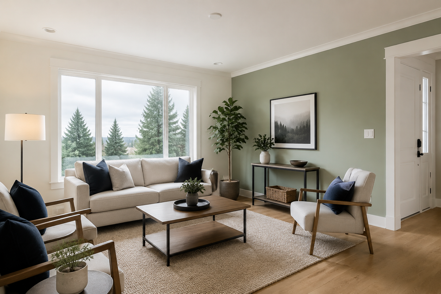 Bright residential living room with freshly painted sage walls and clean white trim