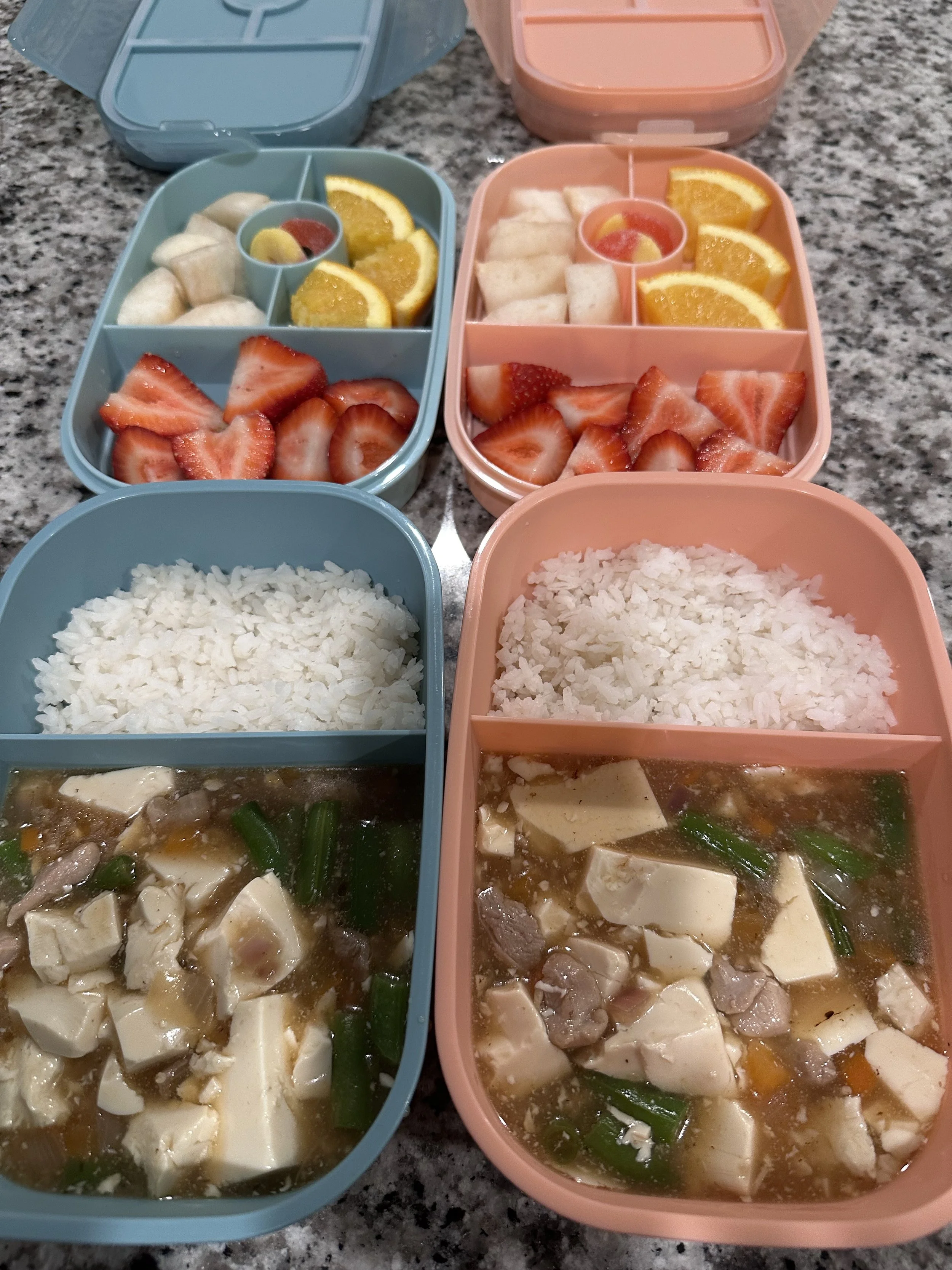 Four bento-style lunch boxes on a granite countertop. Two boxes contain white rice and tofu soup with green beans; the other two contain fruit salads with bananas, oranges, strawberries, and melon, served with some berries.