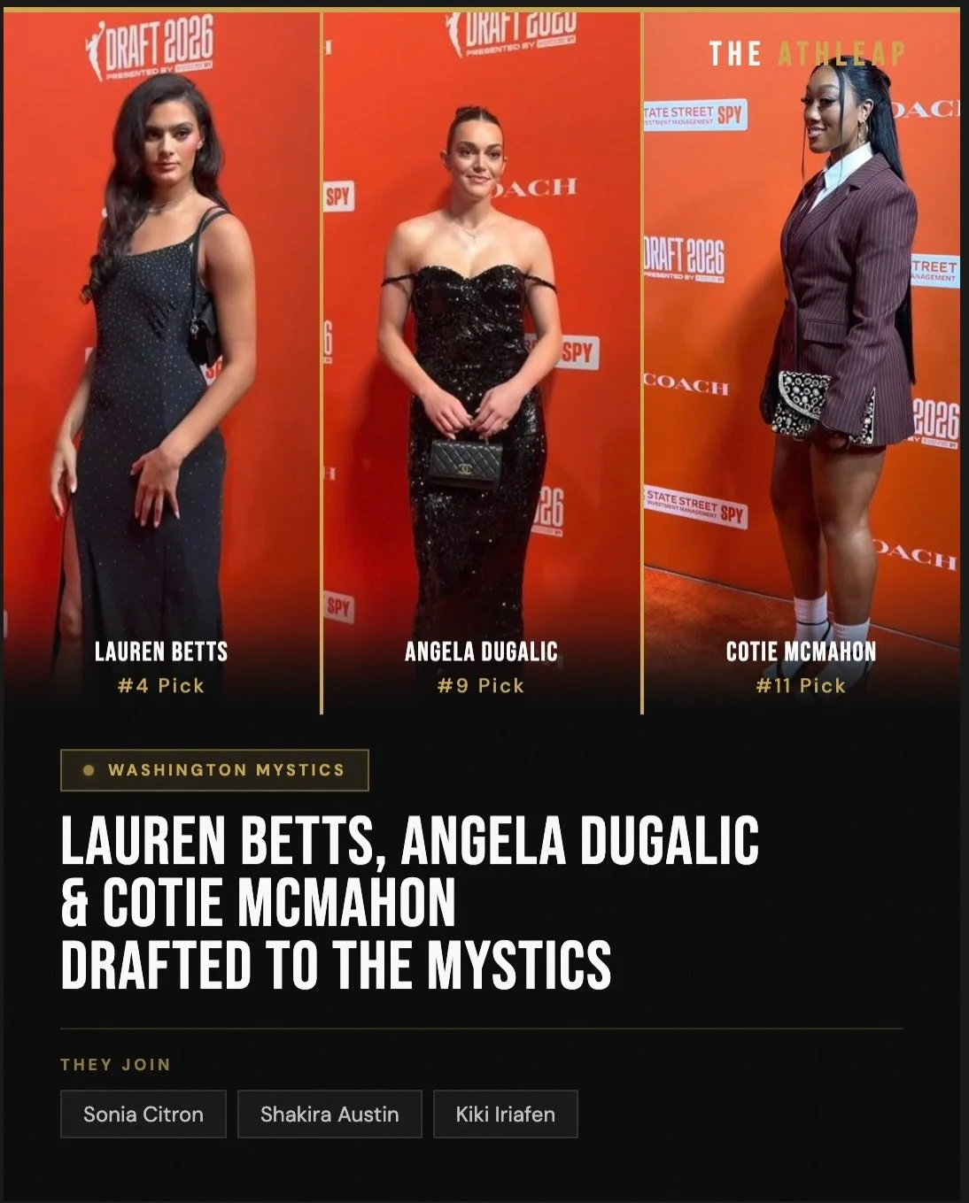 The Washington Mystics went into the 2026 Draft with a mission and came out with a dynasty-level frontcourt. Joining forces with Shakira Austin, Kiki Iriafen, and Sonia Citron, the Mystics have added: Lauren Betts (#4), Angela Dugalic (#9), and Cotie