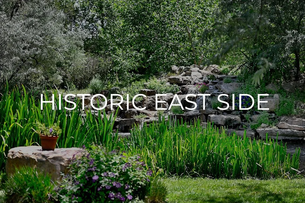 A lush garden with tall green plants, purple flowers, and a stone waterfall in the background. A potted plant and flowering bushes are in the foreground. Text overlay reads 'HISTORIC EAST SIDE'.