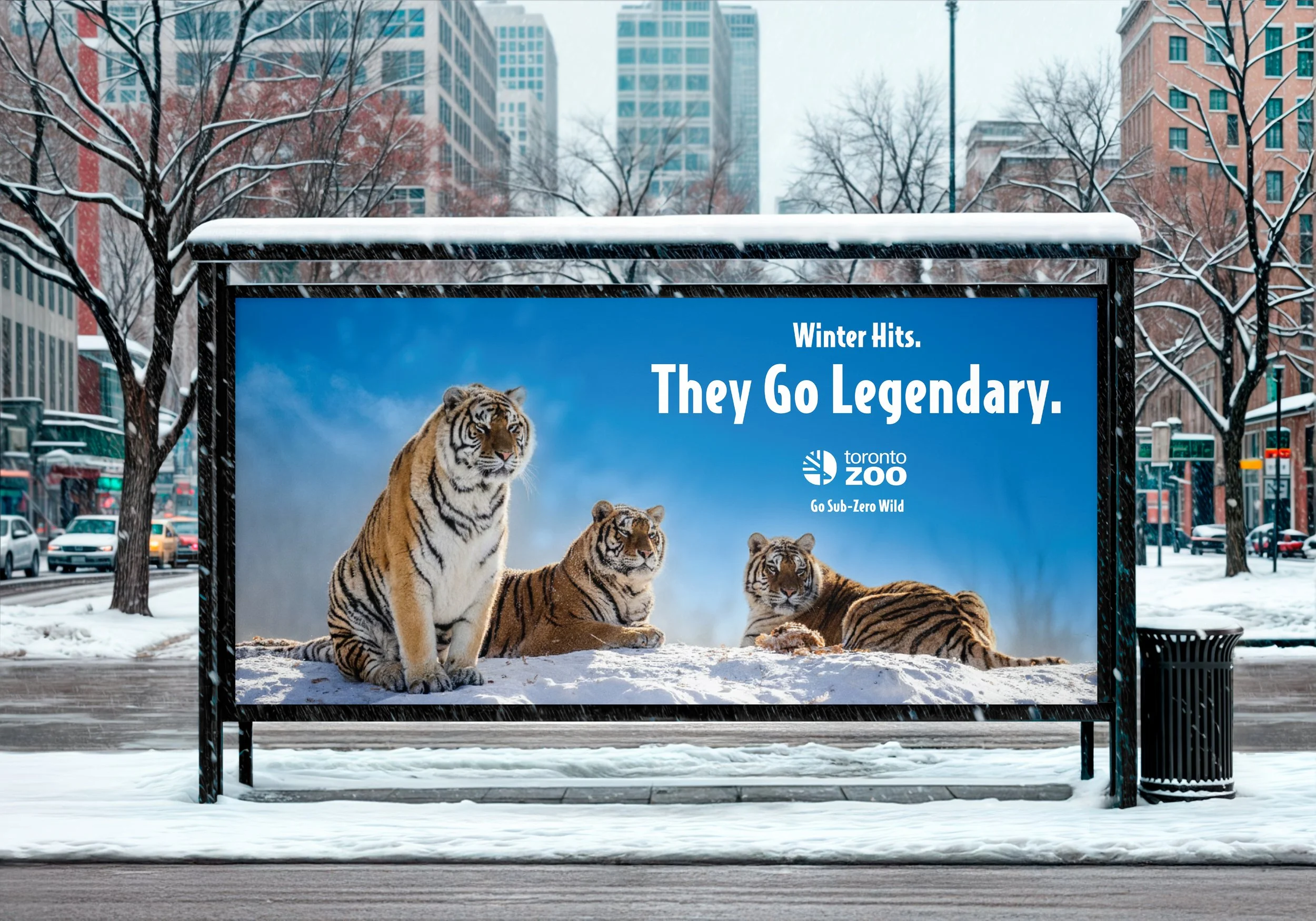 Billboard advertising Toronto Zoo's winter wildlife exhibit with images of four tigers in the snow.