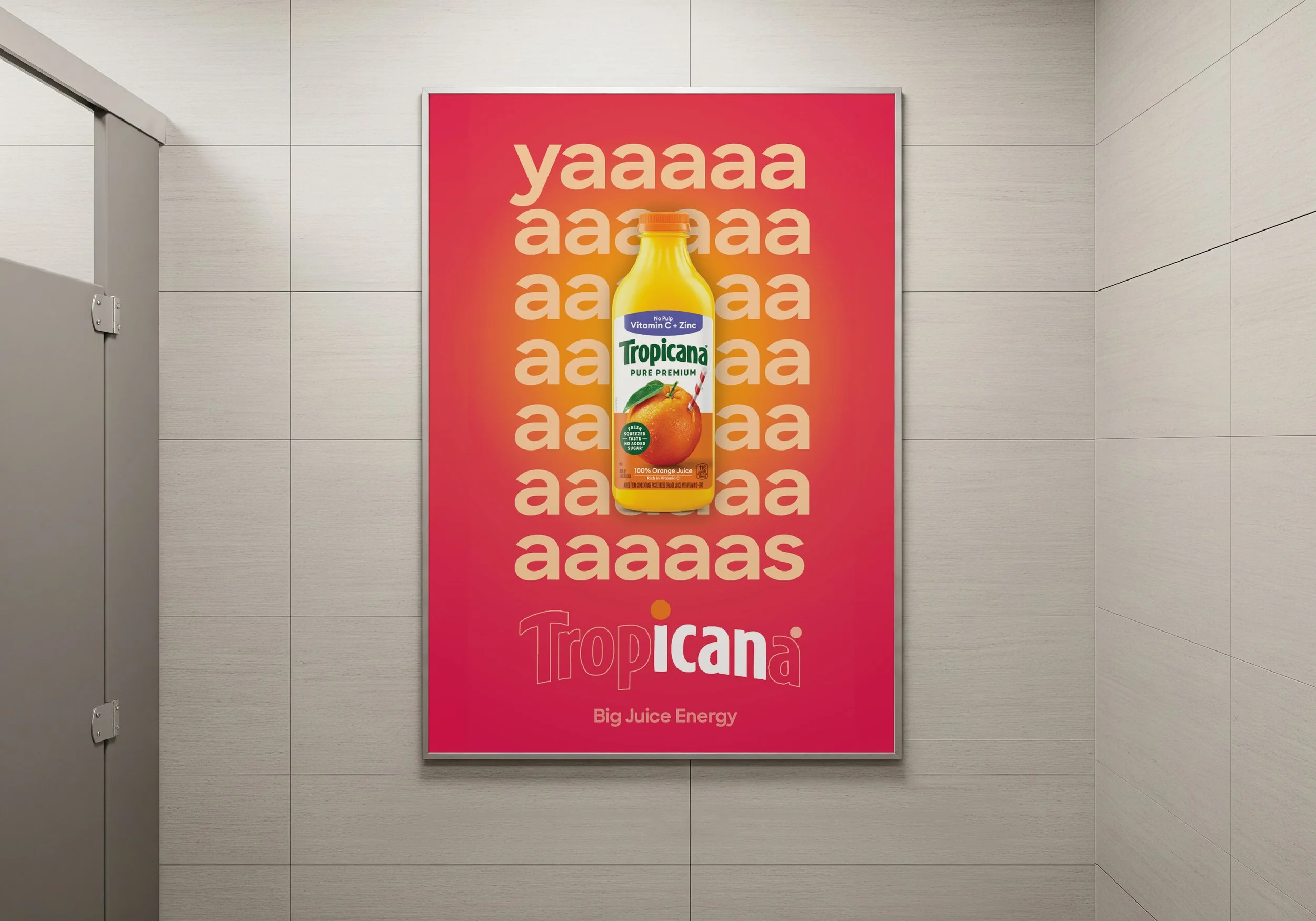 Advertisement poster for Tropicana orange juice featuring a bottle of juice centered on a pink background with repeated 'aaaaa' text and the Tropicana logo at the bottom.