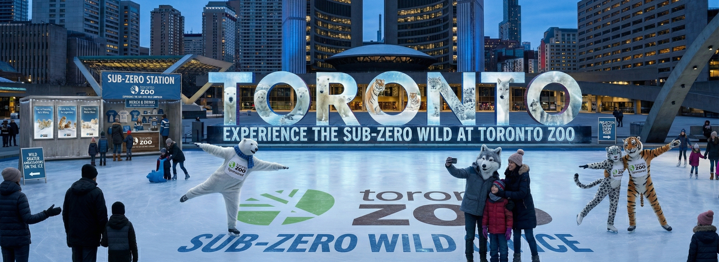 Ice skating rink at Toronto Zoo with large illuminated sign reading 'TORONTO EXPERIENCE THE SUB-ZERO WILD AT TORONTO ZOO'. People and children in winter clothing skating and taking photos. Mascots dressed as polar bear, wolf, snow leopard, and tiger on ice. City skyscrapers in background at dusk.