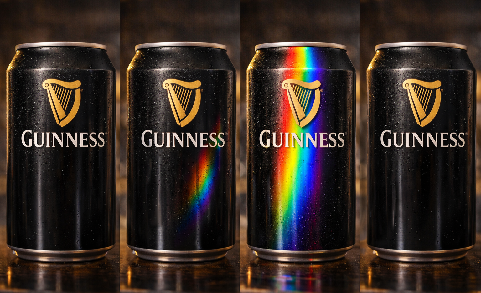Four black Guinness cans with water droplets, one with a rainbow reflection, on a wooden surface.