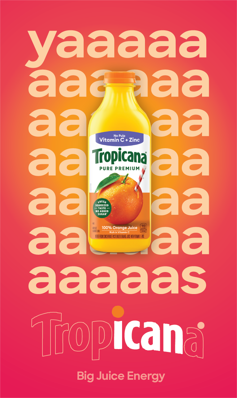 A pink-themed advertisement featuring a bottle of Tropicana orange juice with branded background and text highlighting vitamin C, zinc, and no added sugar.