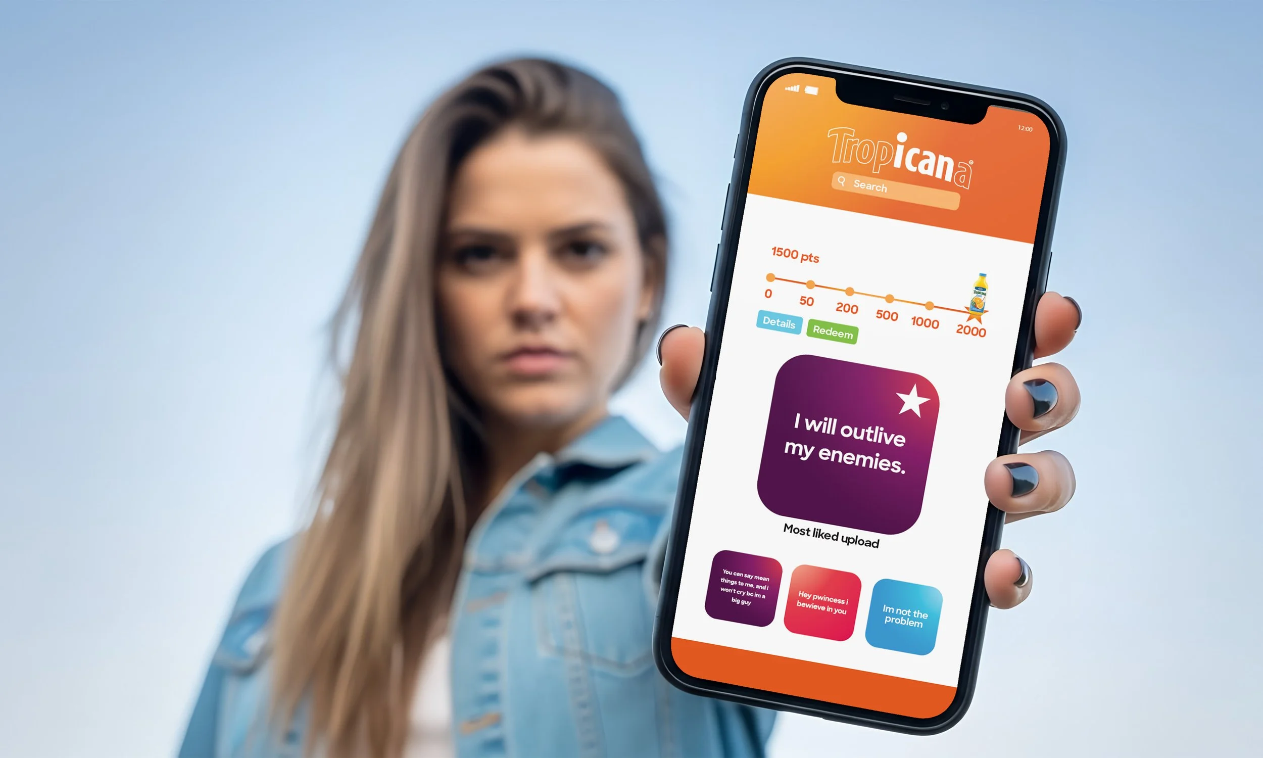 A woman with long brown hair holding a smartphone displaying an app called 'Tropicаn' with a scan code, a points chart, and various motivational messages.