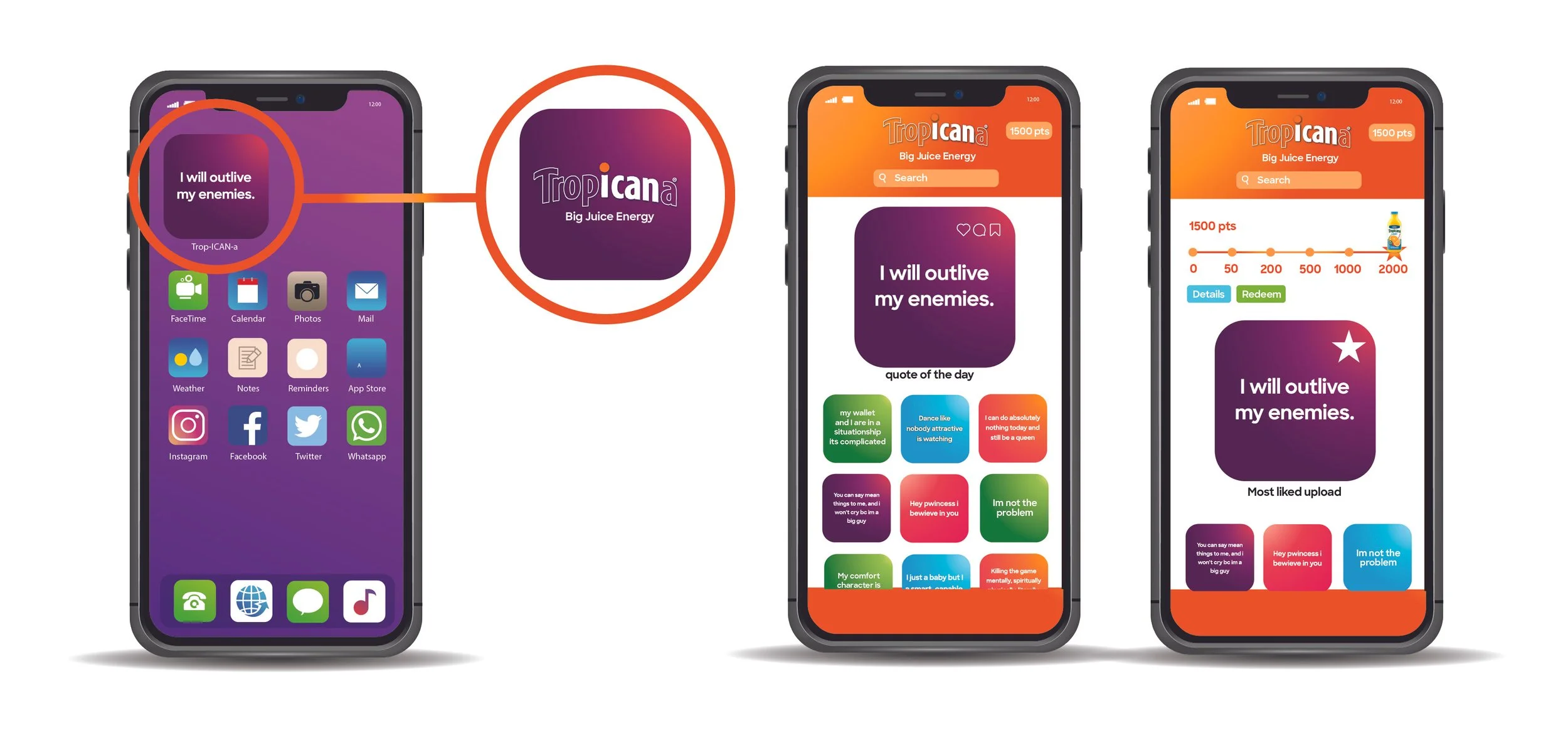 The image shows three smartphone screens. The first displays the Tropican app icon with the quote "I will outlive my enemies". The second shows the app interface with various quotes, including the same quote, and icons for activities. The third screen displays a ranking with points, a highlighted quote, and a most liked upload with the same quote.