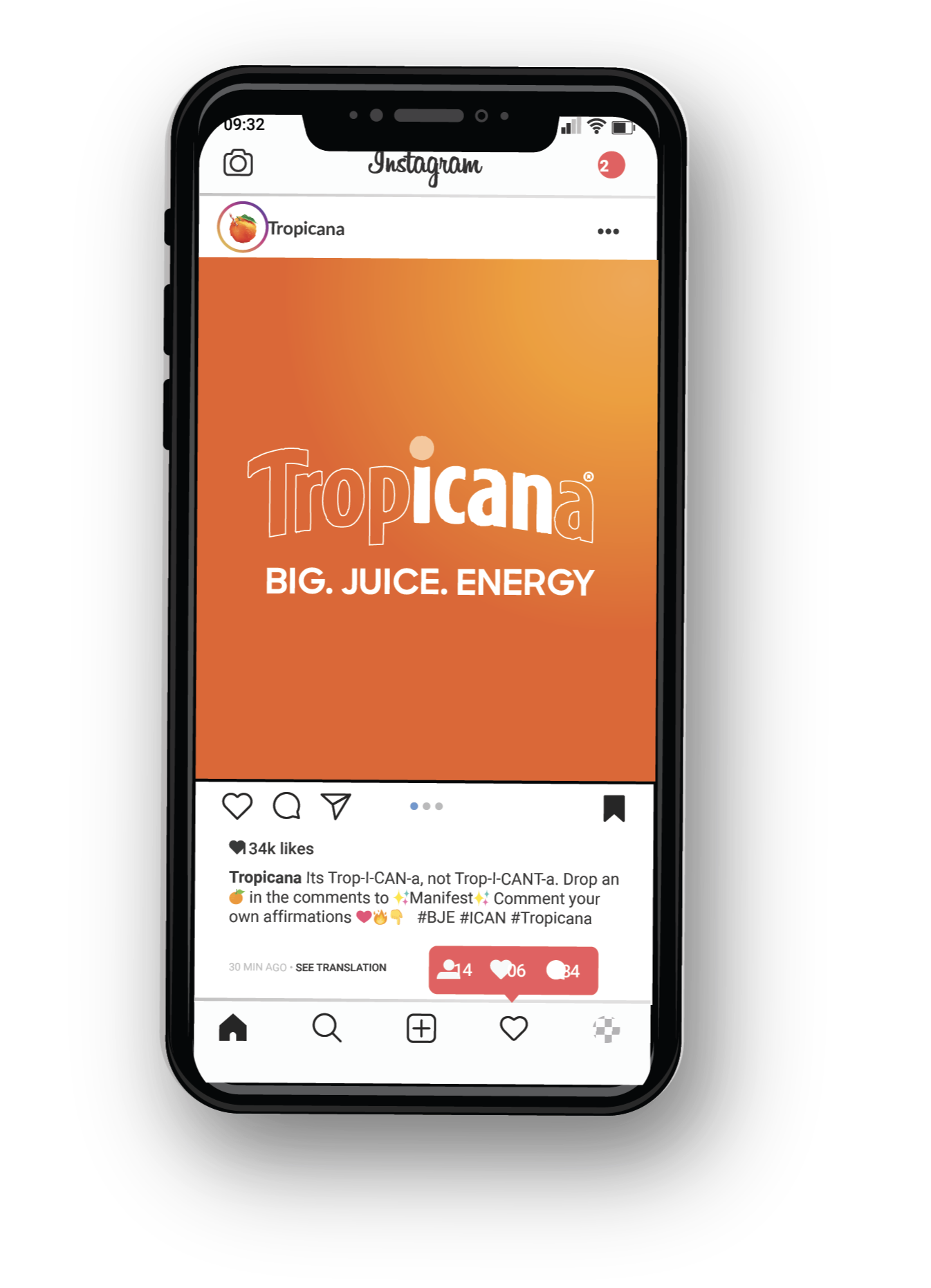 Instagram post featuring the Tropicana logo with an orange gradient background and the words "BIG. JUICE. ENERGY".