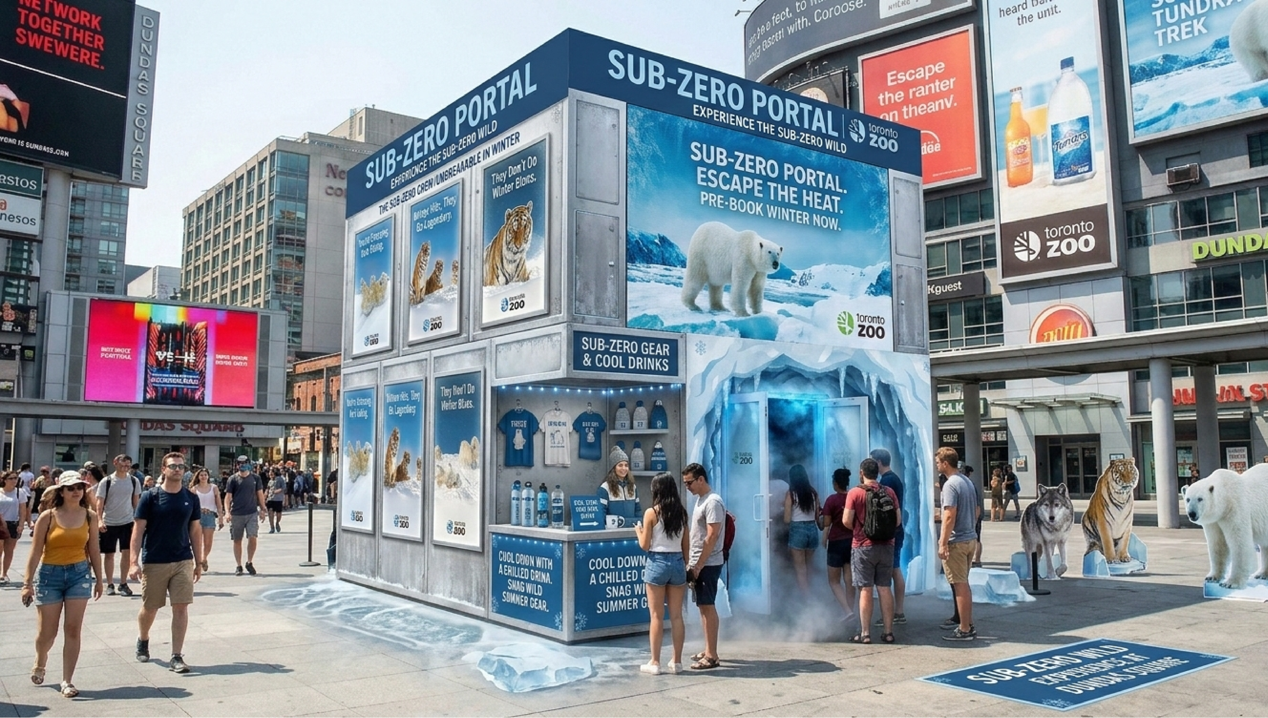 Outdoor promotional setup for the Toronto Zoo featuring a sub-zero experience with images of a polar bear, tiger, lion, wolf, and drinks themed around cold weather. People are gathered around the exhibit, which has icy decorations and informational signs.