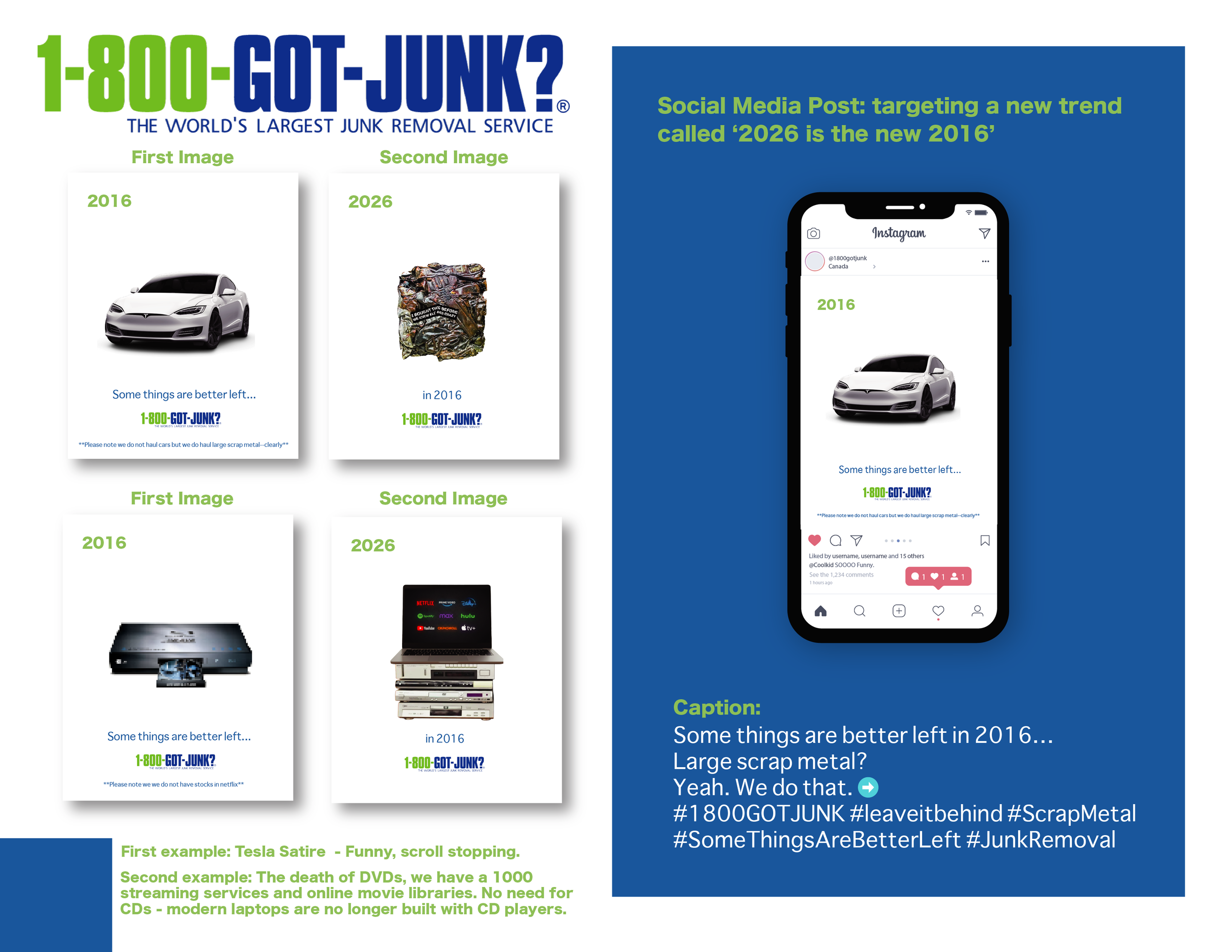Advertisement for 1-800-GOT-JUNK? featuring a comparison of items from 2016 to 2026, with images of a car, scrap metal, a printer, and a stack of DVDs, highlighting changes in technology and waste.