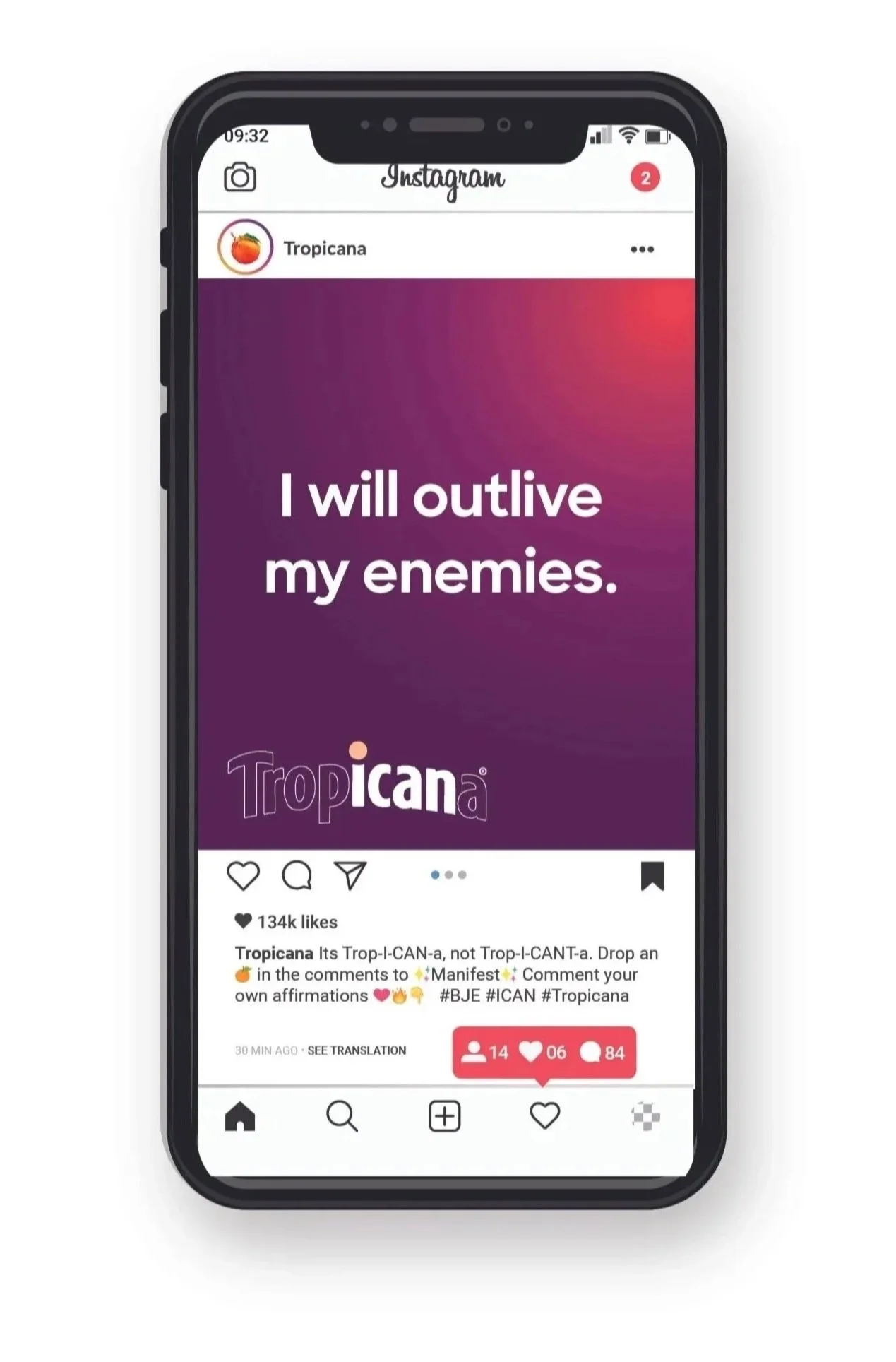 Instagram post on a smartphone screen with a purple background. Text reads, 'I will outlive my enemies.' The post is from Tropicana and includes a caption about manifesting affirmations, with likes, comments, and icons for navigation.
