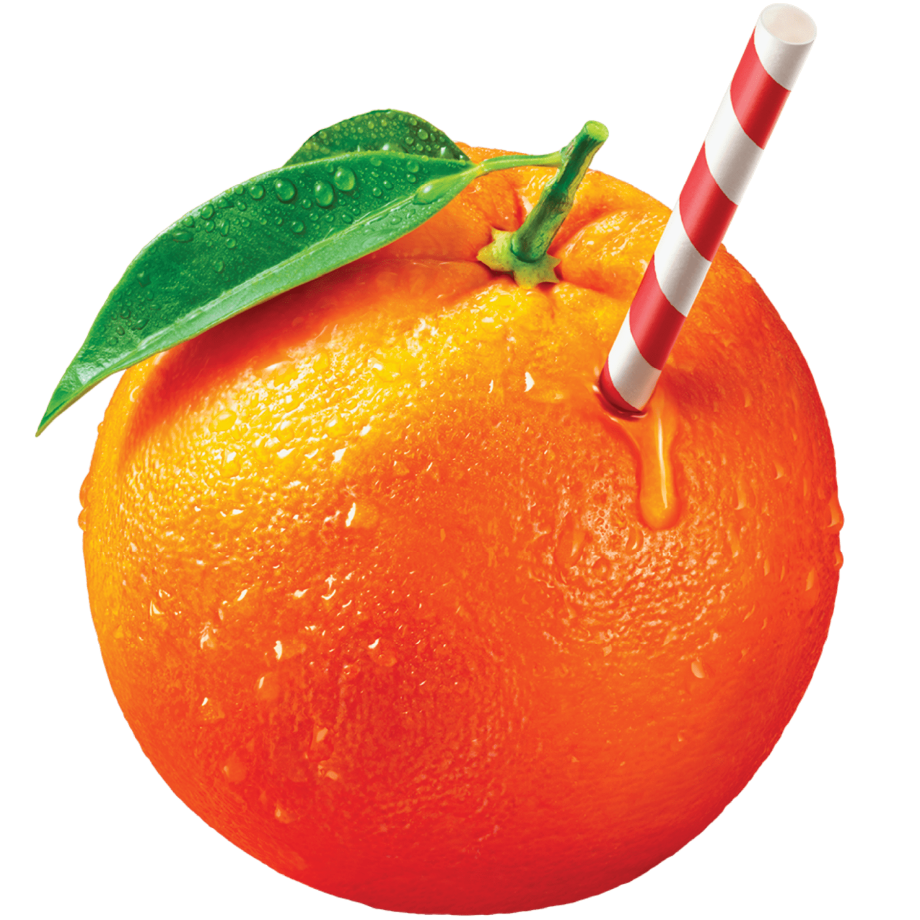 An orange with a drinking straw and a leaf, with a hole in it, juice visible around the hole.