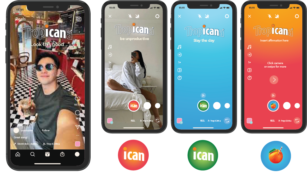 Series of four mobile phone screens displaying the TikTok app with Tropical-themed filters or effects, featuring different backgrounds and overlays, along with logos at the bottom.