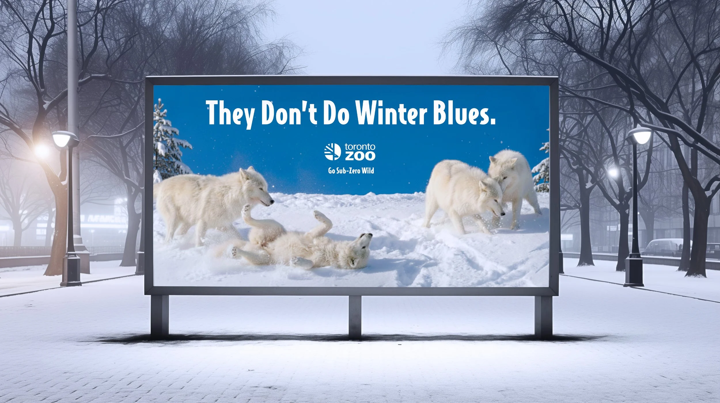 Billboard showing white wolves in snow with text about winter and Toronto Zoo
