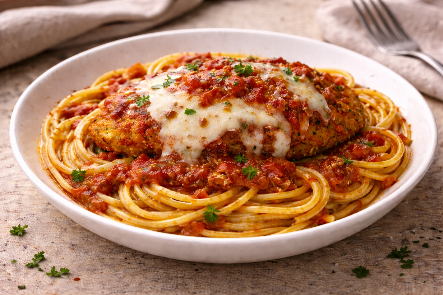 Spaghetti with tomato sauce, meatball, melted cheese, and parsley garnish on a white plate.