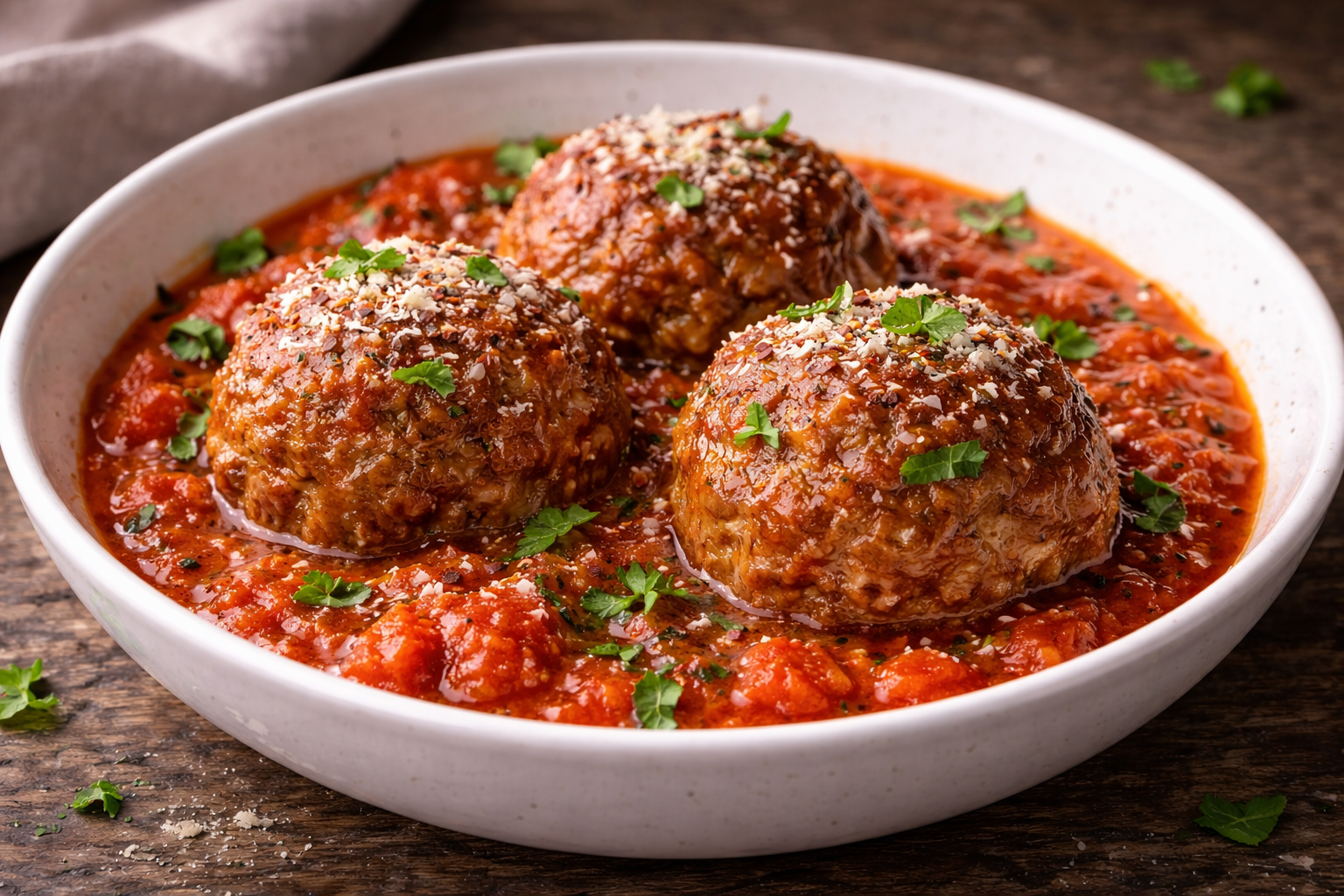 Three meatballs in a tomato sauce garnished with parsley in a white bowl on a wooden surface.