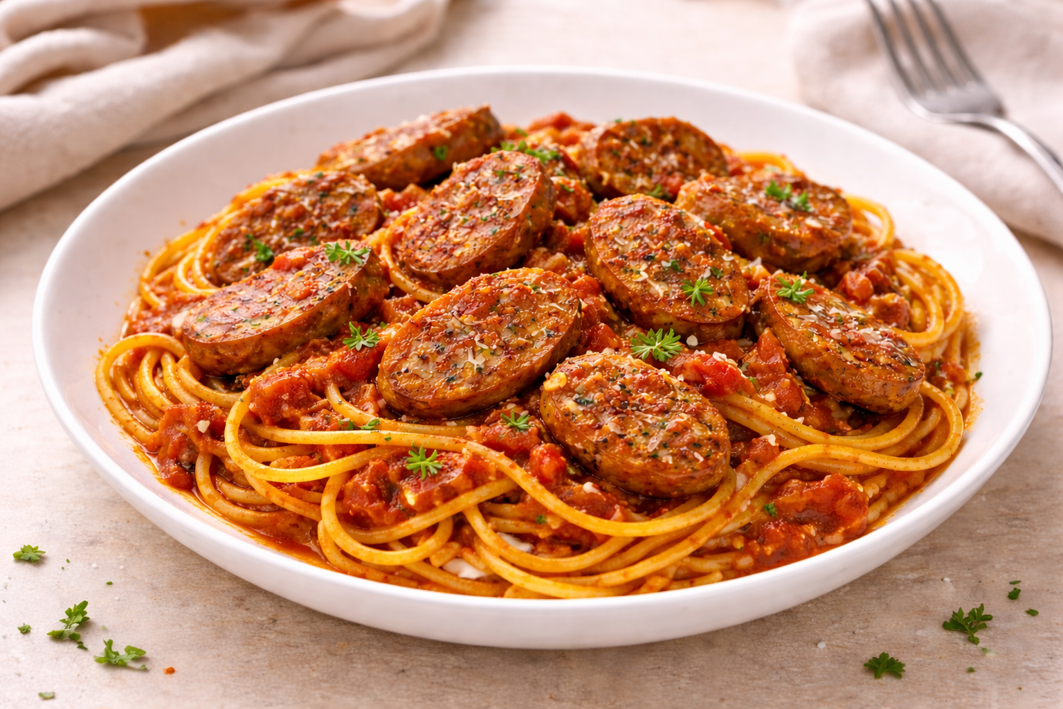 Plate of spaghetti with tomato sauce and sausage slices garnished with parsley.
