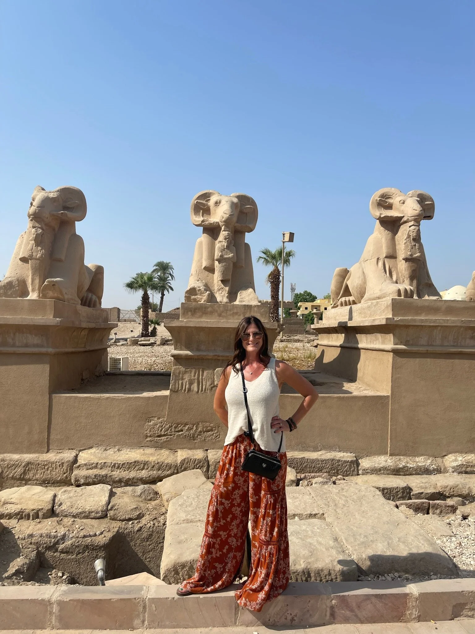 Woman standing in front of ancient Egyptian statues of sphinxes, outdoors on a sunny day, with palm trees in the background.