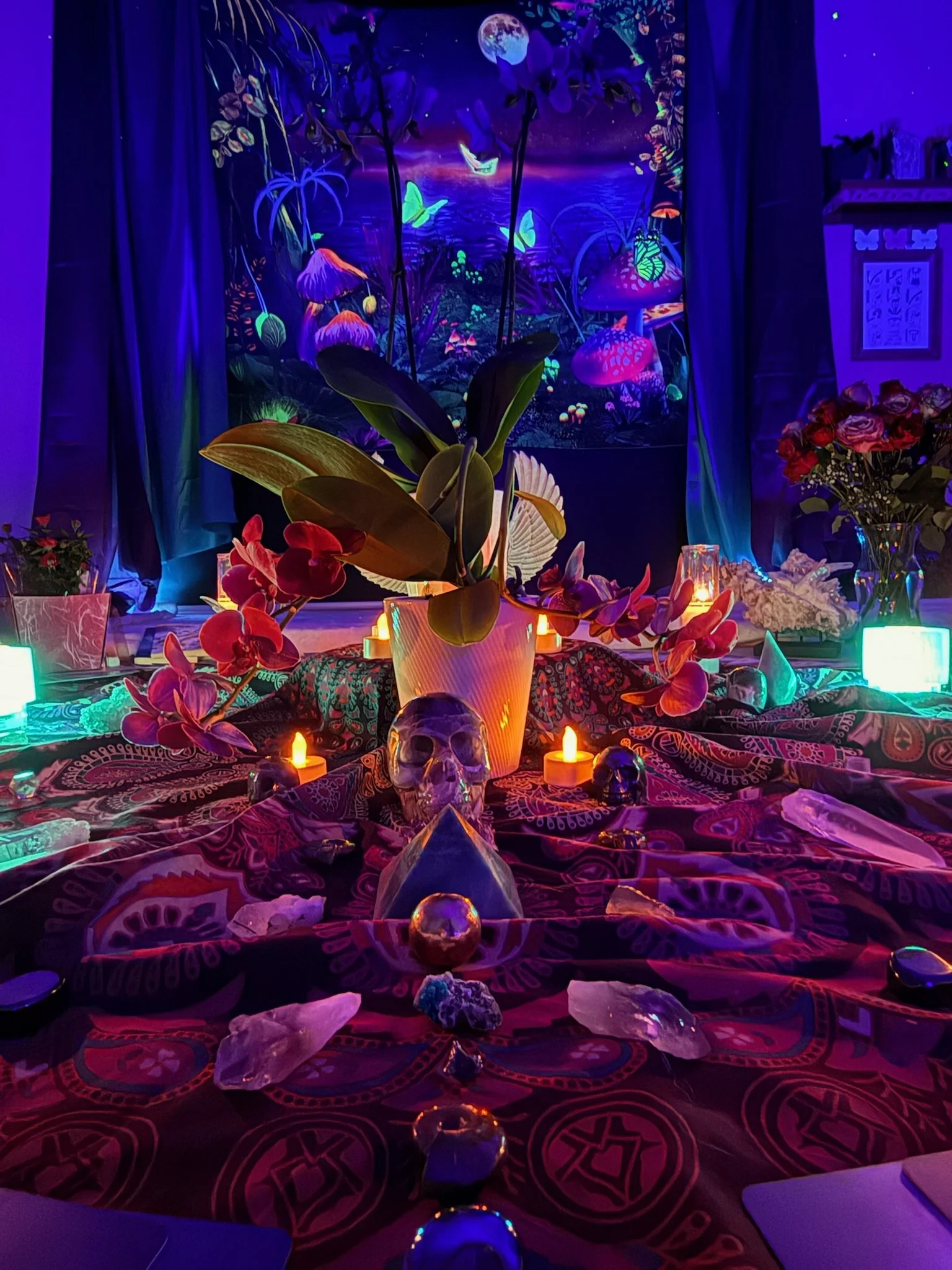 A decorated table with candles, crystals, and a skull, with a large orchid plant in a vase at the center. The backdrop features a vibrant, colorful fantasy forest scene projected on a screen.